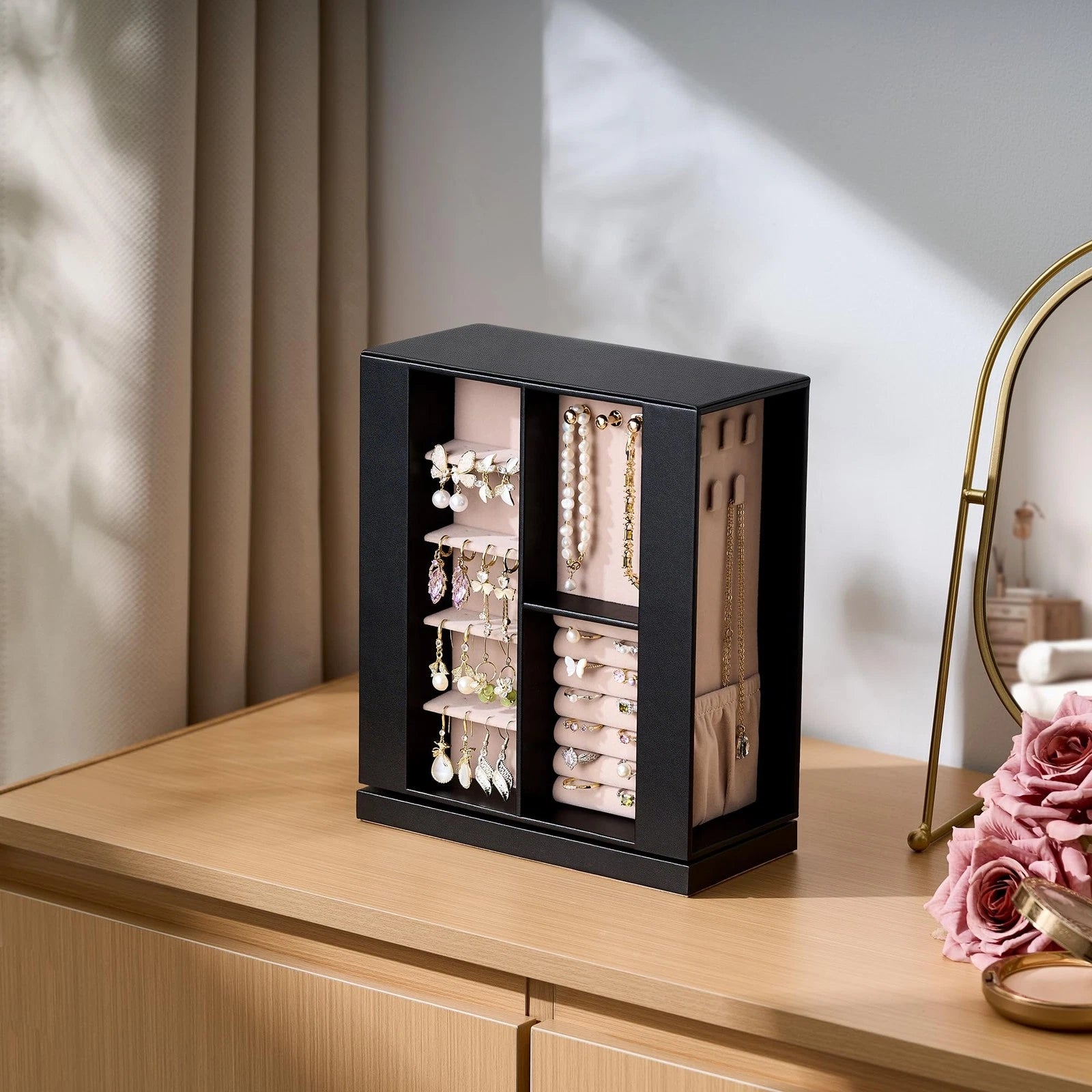 Jewelry Box Organizer for Women: 360 Rotating Vertical Storage Case, Black Le... | eBay