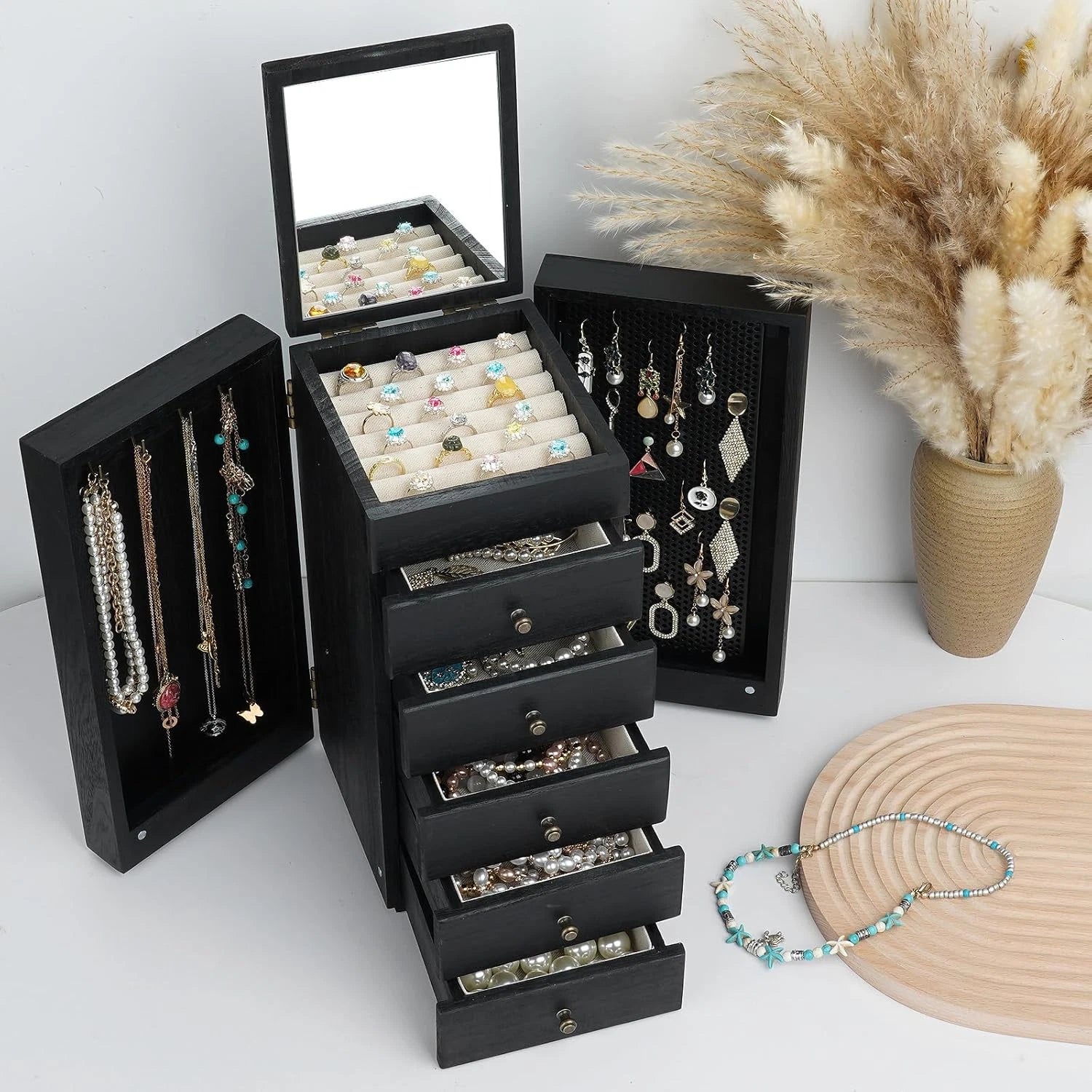 Jewelry Box Wood for Women, 6-Layer Large Organizer Box with Mirror & 5 Drawers | eBay