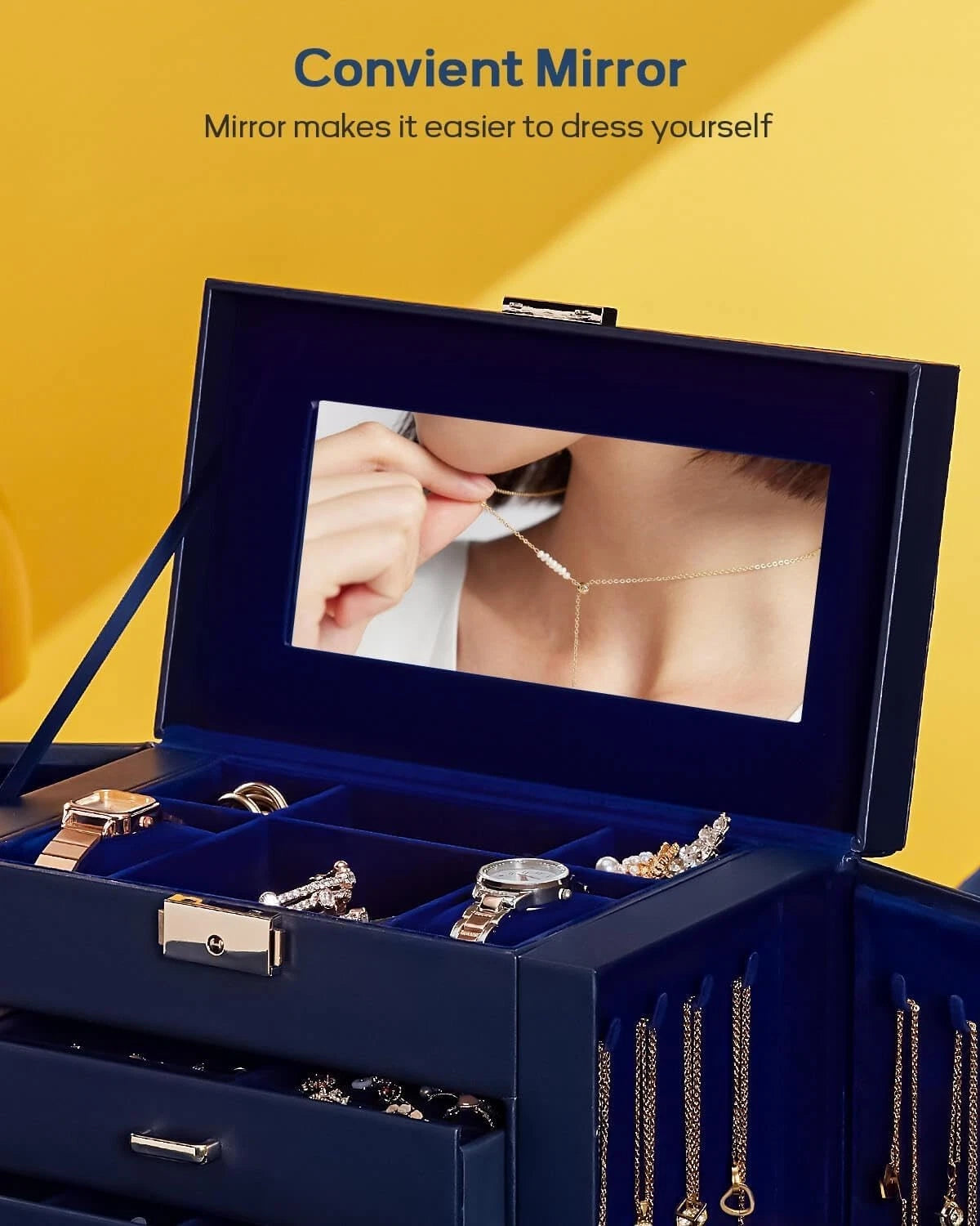 Elegant Lockable Jewelry Box - Large Capacity Organizer with Mirror in Dark Blue | eBay