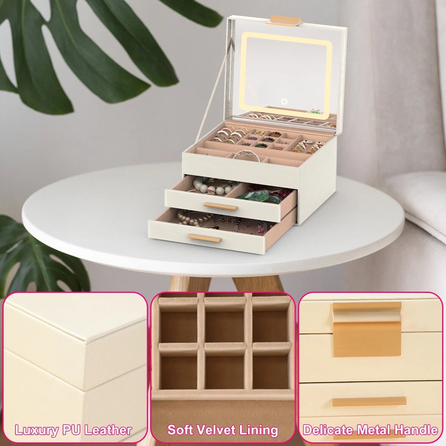 Jewelry Box w/ LED Mirror 3-Layer Jewelry Organizer w/ 2 Drawer Jewelry Holder | eBay