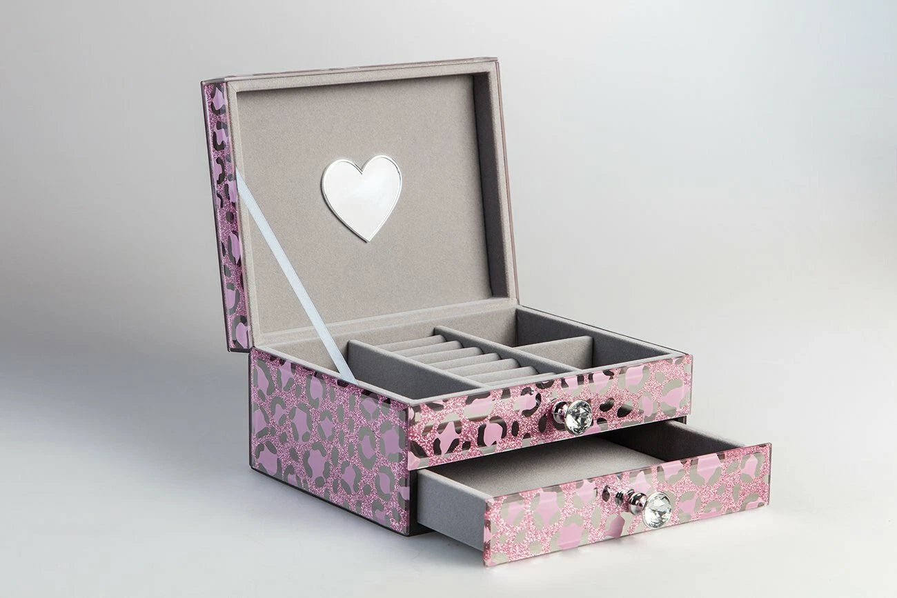 Jewelry Box Organizer Glass Storage Case for Women/Men Pink Leopard 2 Layers | eBay