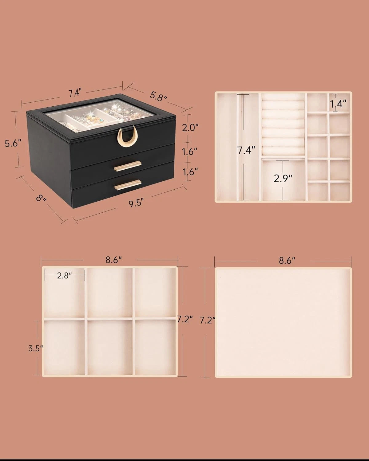 3-Layer Jewelry Box,2 Drawers Jewelry Organizer with Glass Lid,Jewelry Storage f | eBay