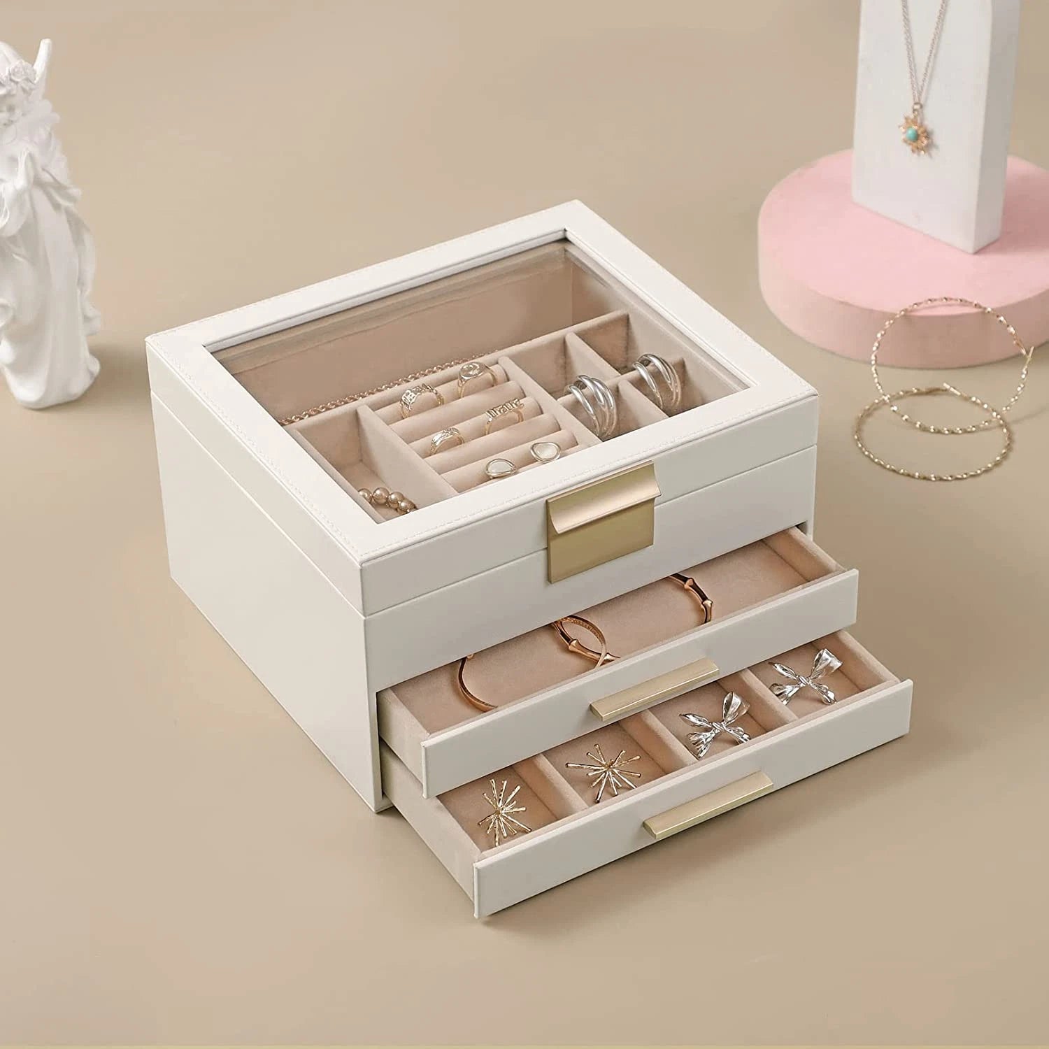 Jewelry Box Organizer for Women,3 Layers Jewelry Storage Display Box with Glass | eBay