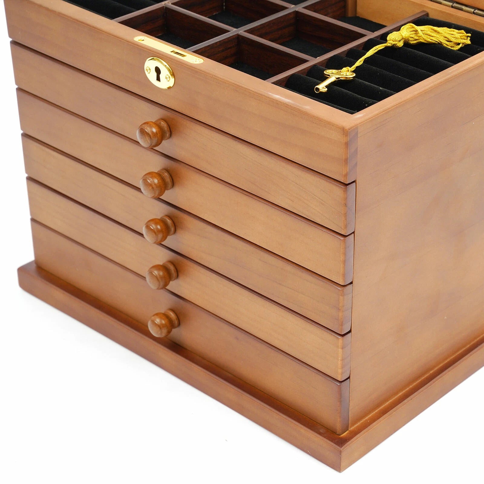 6 Layers Jewelry Box w/ Lock + Mirror Four-Leaf Carved Top Velvet Cabinet Case | eBay