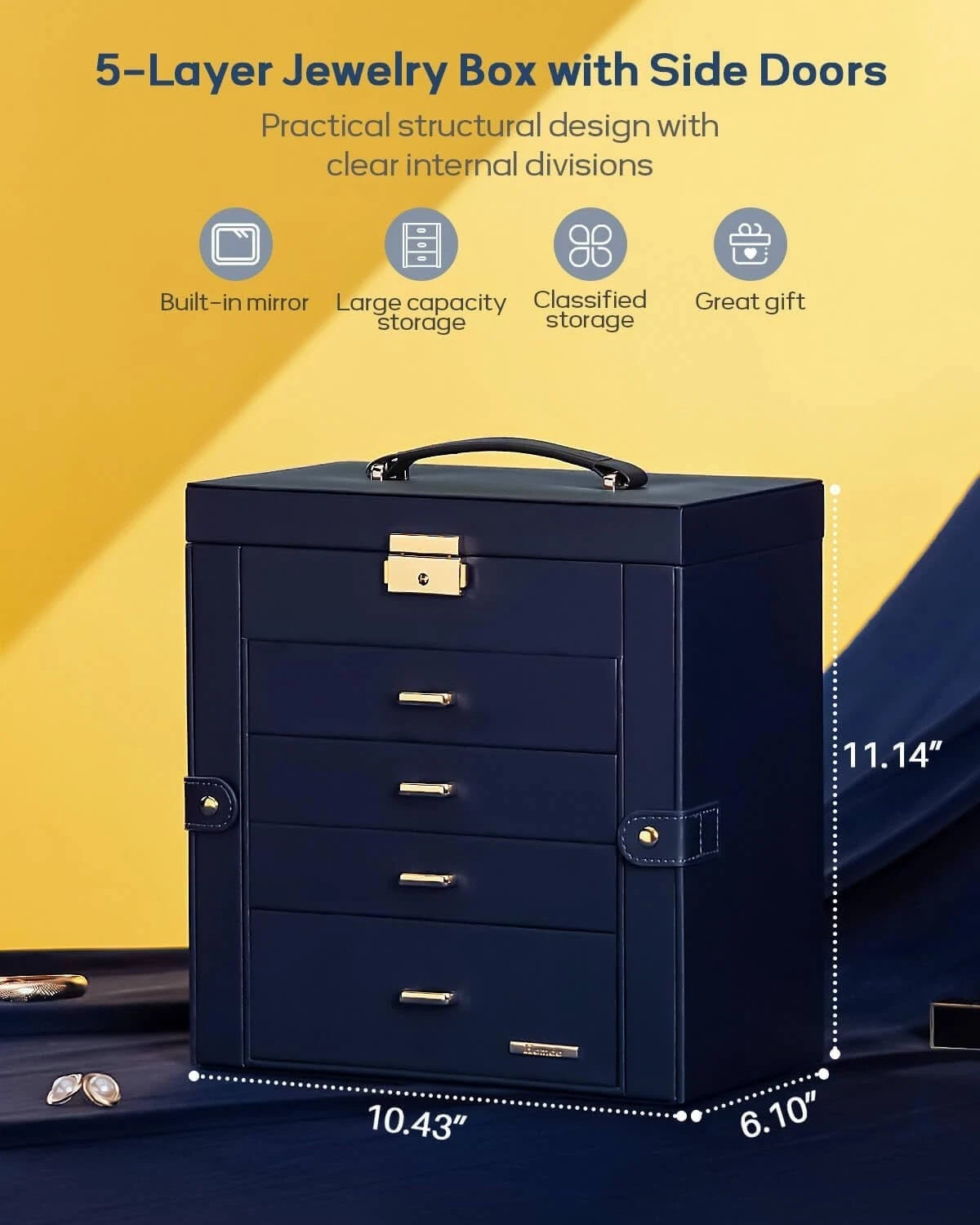 Elegant Lockable Jewelry Box - Large Capacity Organizer with Mirror in Dark Blue | eBay