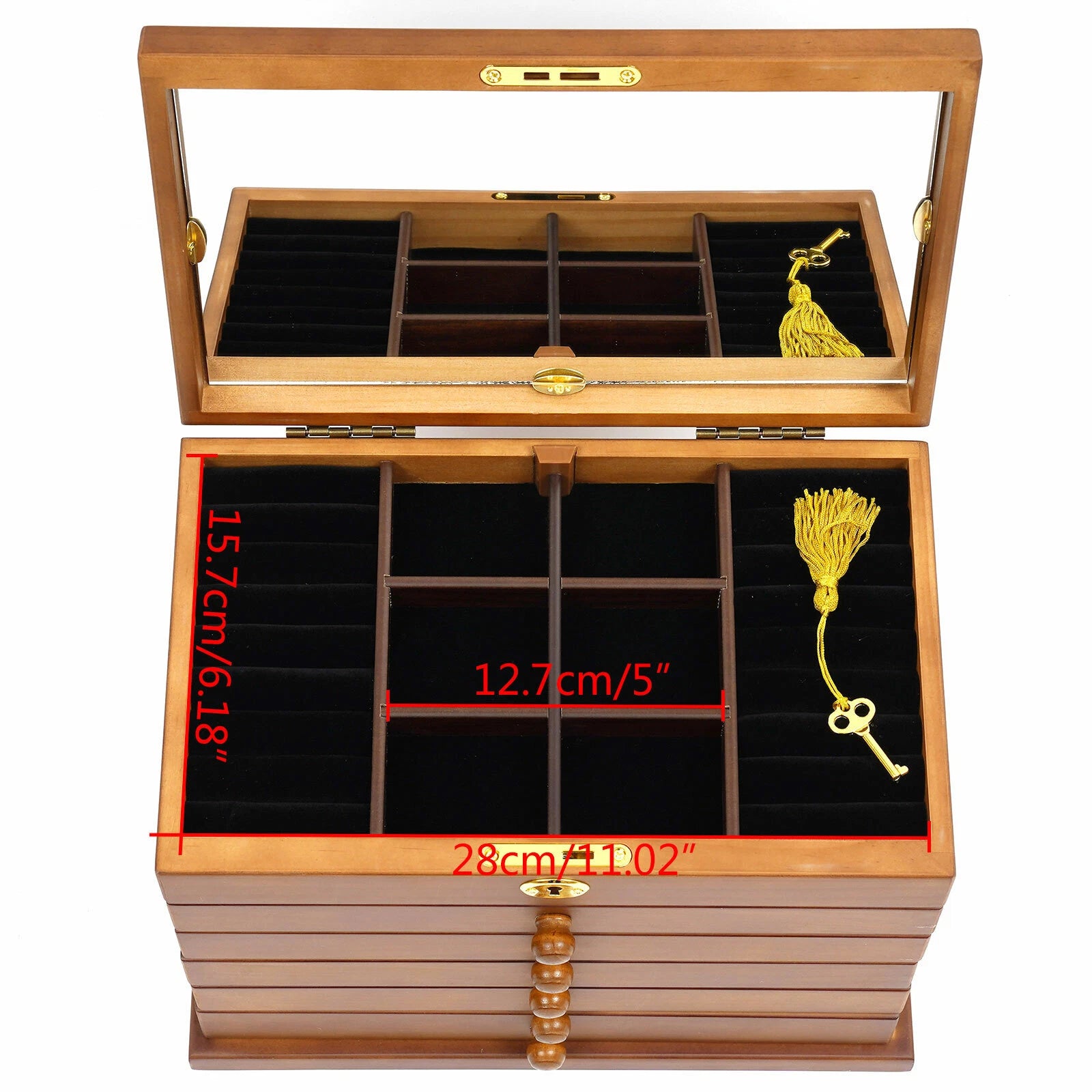 6 Layers Jewelry Box w/ Lock + Mirror Four-Leaf Carved Top Velvet Cabinet Case | eBay