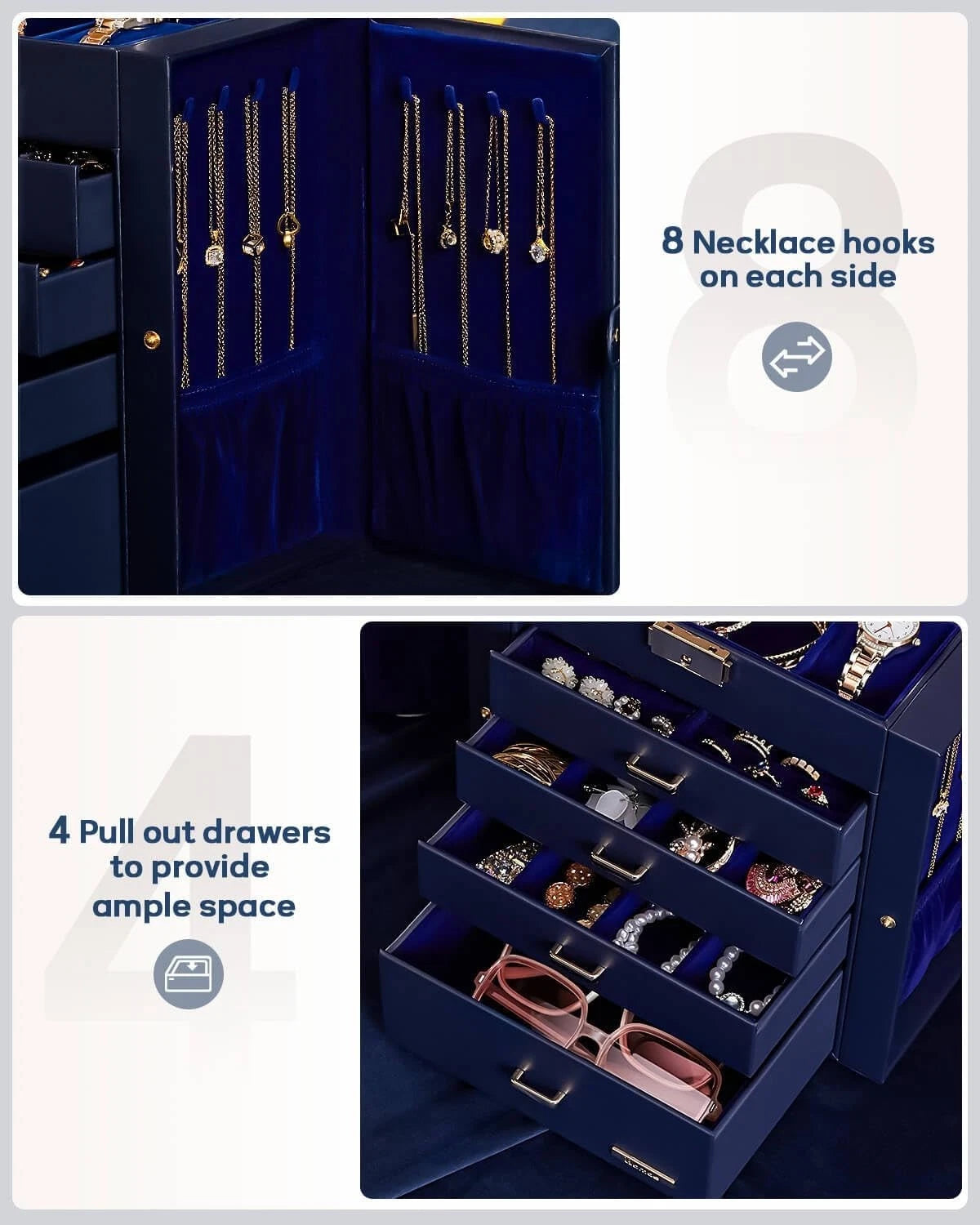 Elegant Lockable Jewelry Box - Large Capacity Organizer with Mirror in Dark Blue | eBay