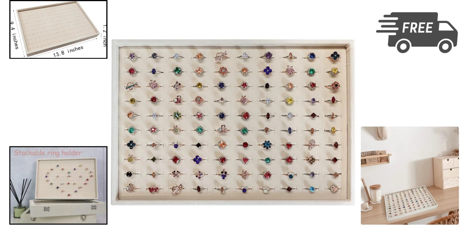 Jewelry Organizer Ring Tray Stackable Jewelry Storage Box Beige 100 Slots | eBay