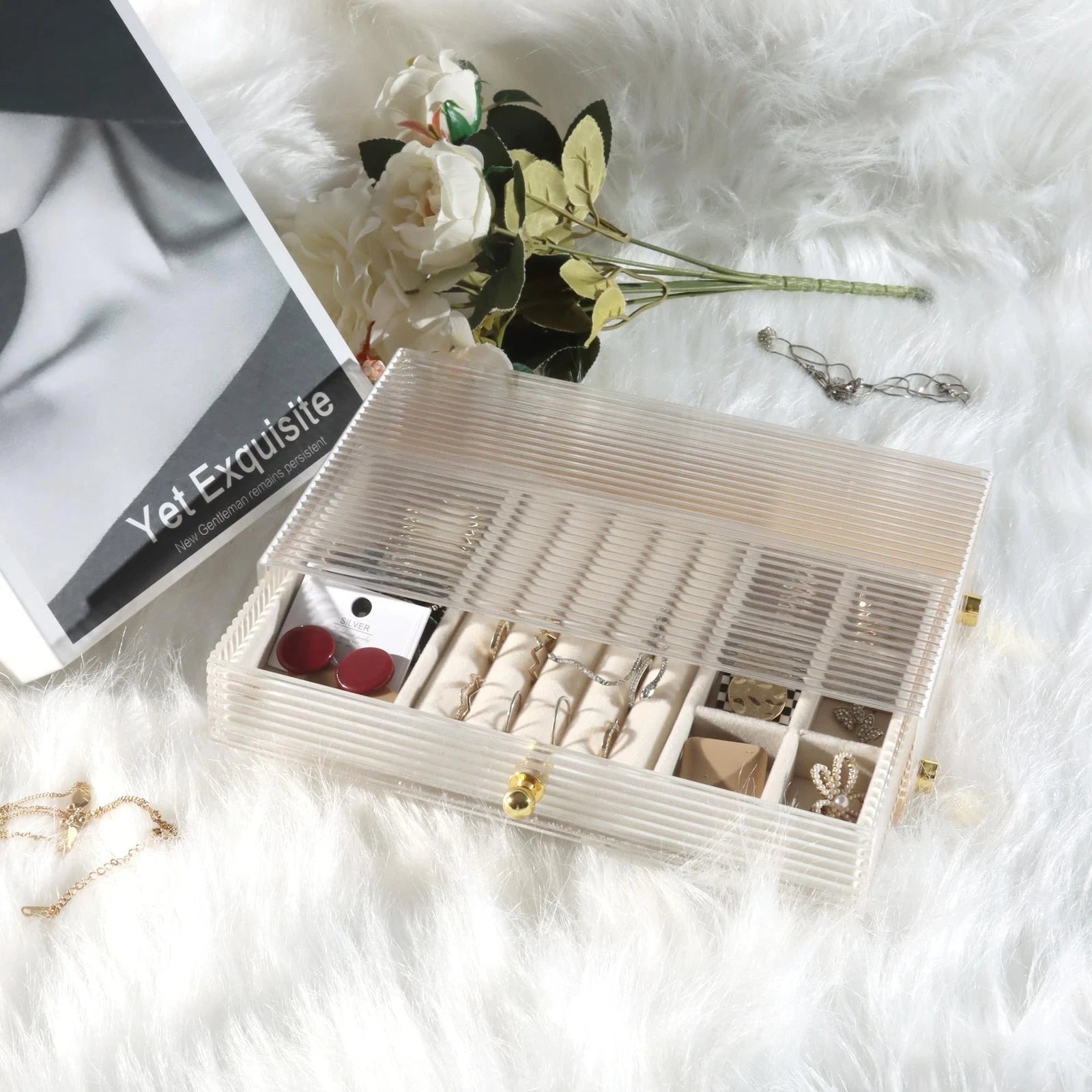 Acrylic Jewelry Box & Organizer with Wavy Look Design with Pine Wood Dividers... | eBay