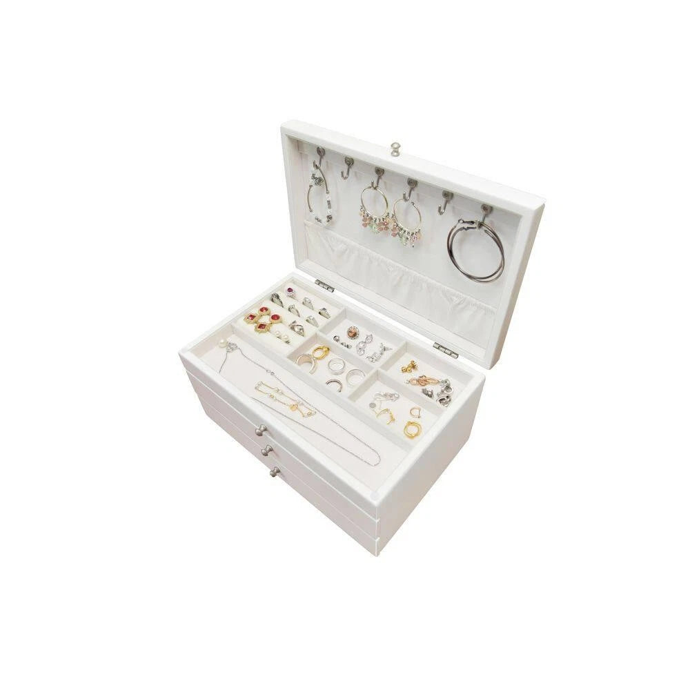 Jewelry Box White Fabric 2-Drawer 5-Section Ring Rolls 6-Hooks Storage Organizer | eBay