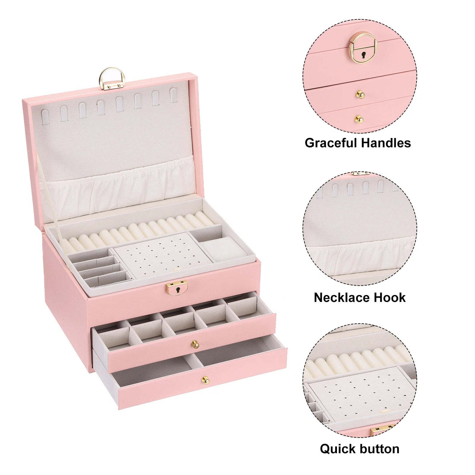 3 Layer Jewelry Box Organizer PU Leather Jewelry Storage Box for Necklace Pink | eBay