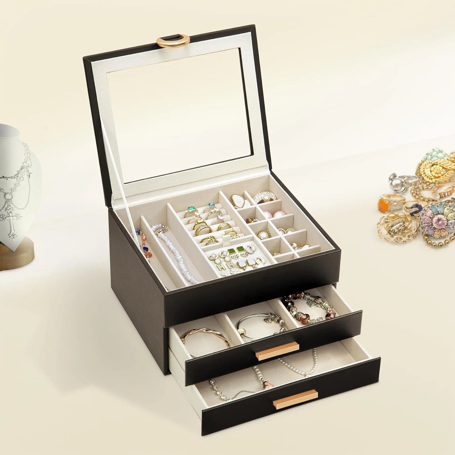 3-Layer Jewelry Box,2 Drawers Jewelry Organizer with Glass Lid,Jewelry Storage f | eBay