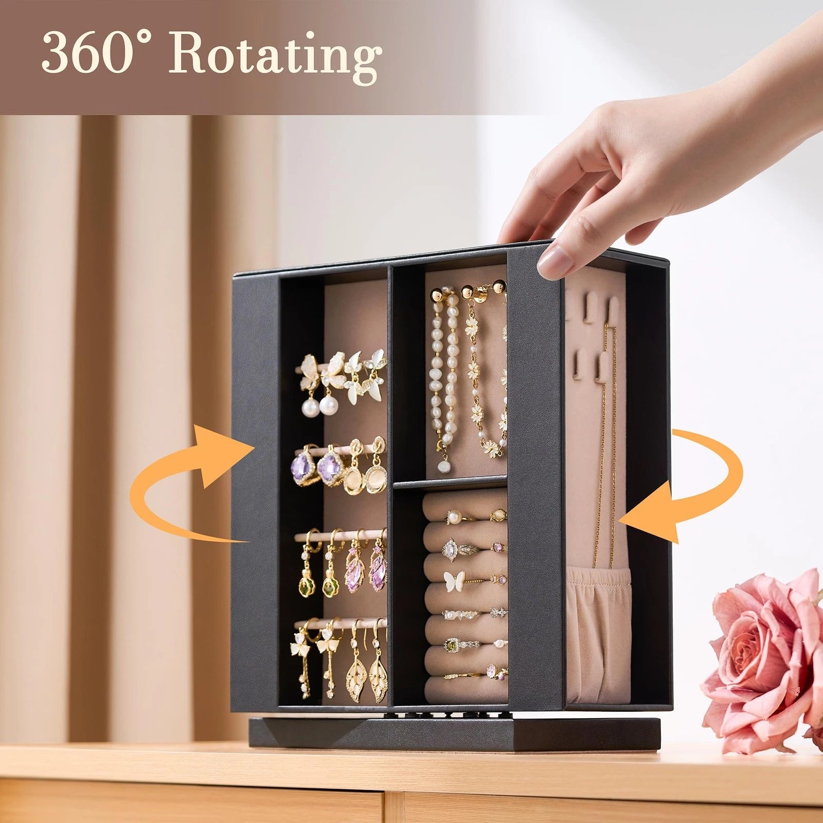 Jewelry Box Organizer for Women: 360 Rotating Vertical Storage Case, Black Le... | eBay