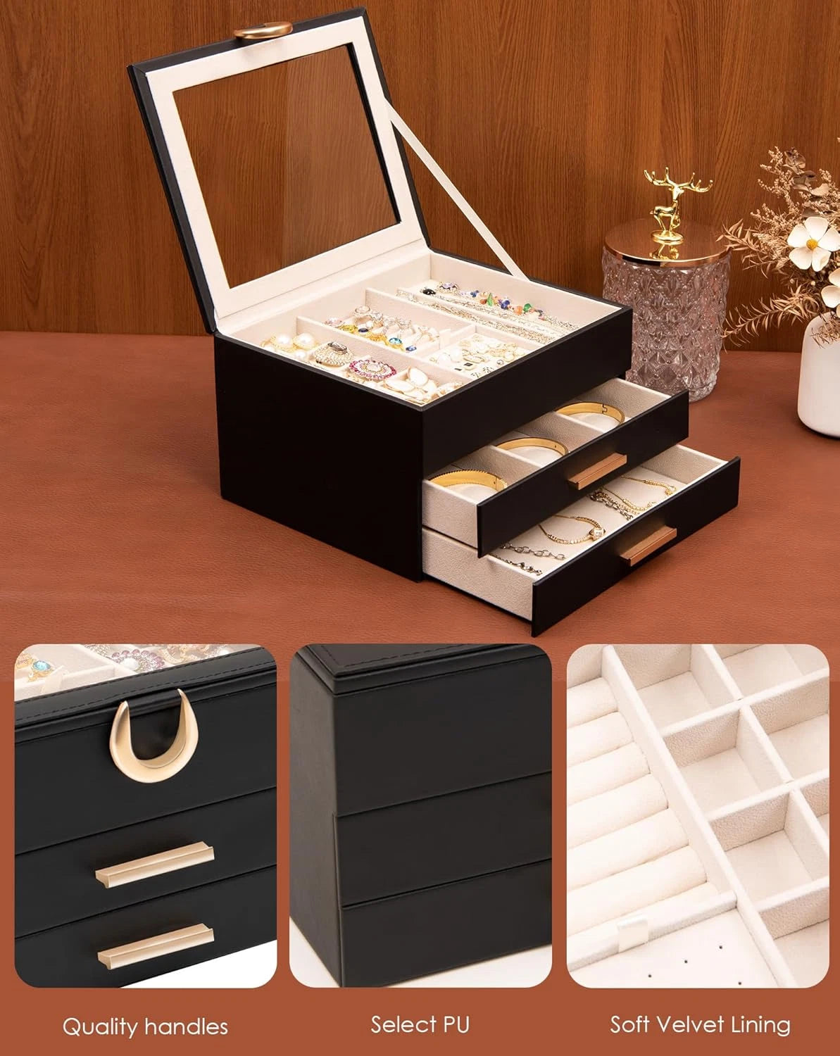 3-Layer Jewelry Box,2 Drawers Jewelry Organizer with Glass Lid,Jewelry Storage f | eBay