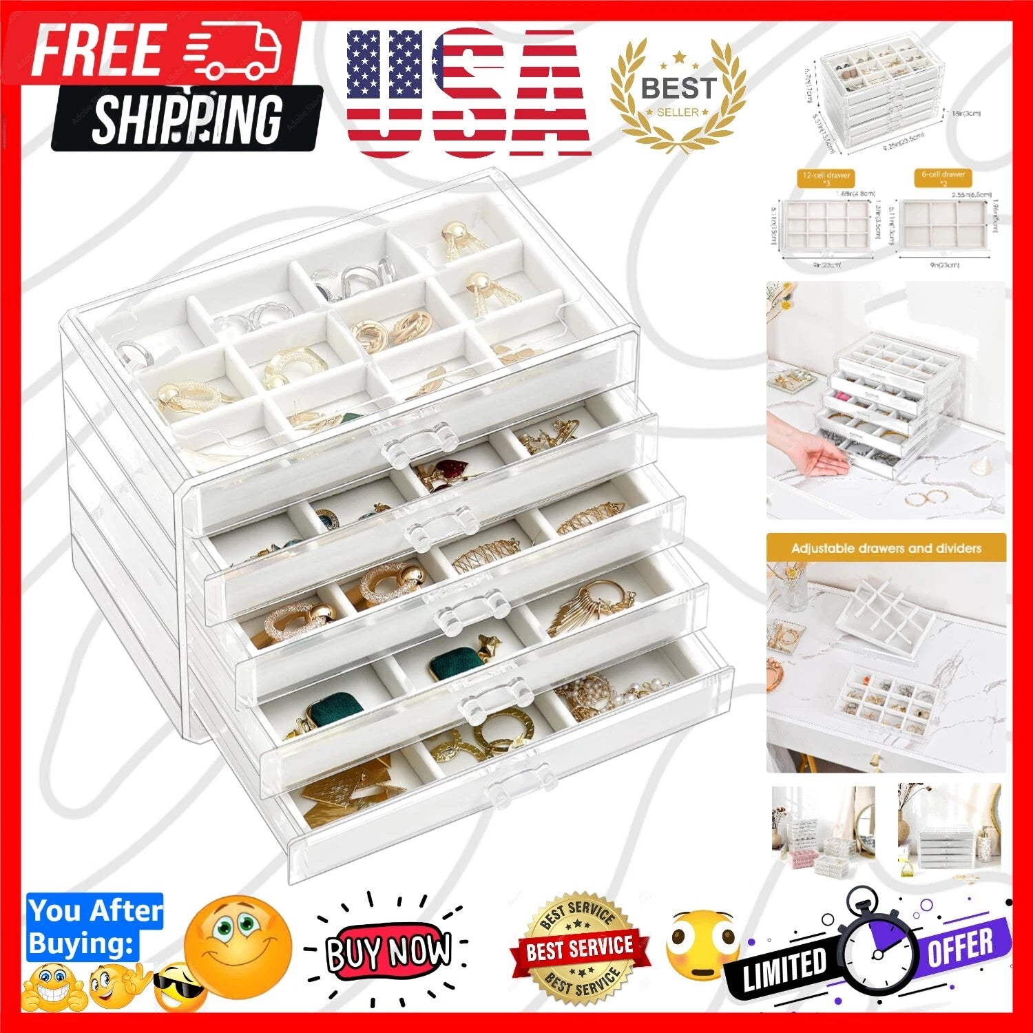 Earring Holder Organizer Jewelry Box with 5 Drawers, Acrylic Clear Earring Ca... | eBay