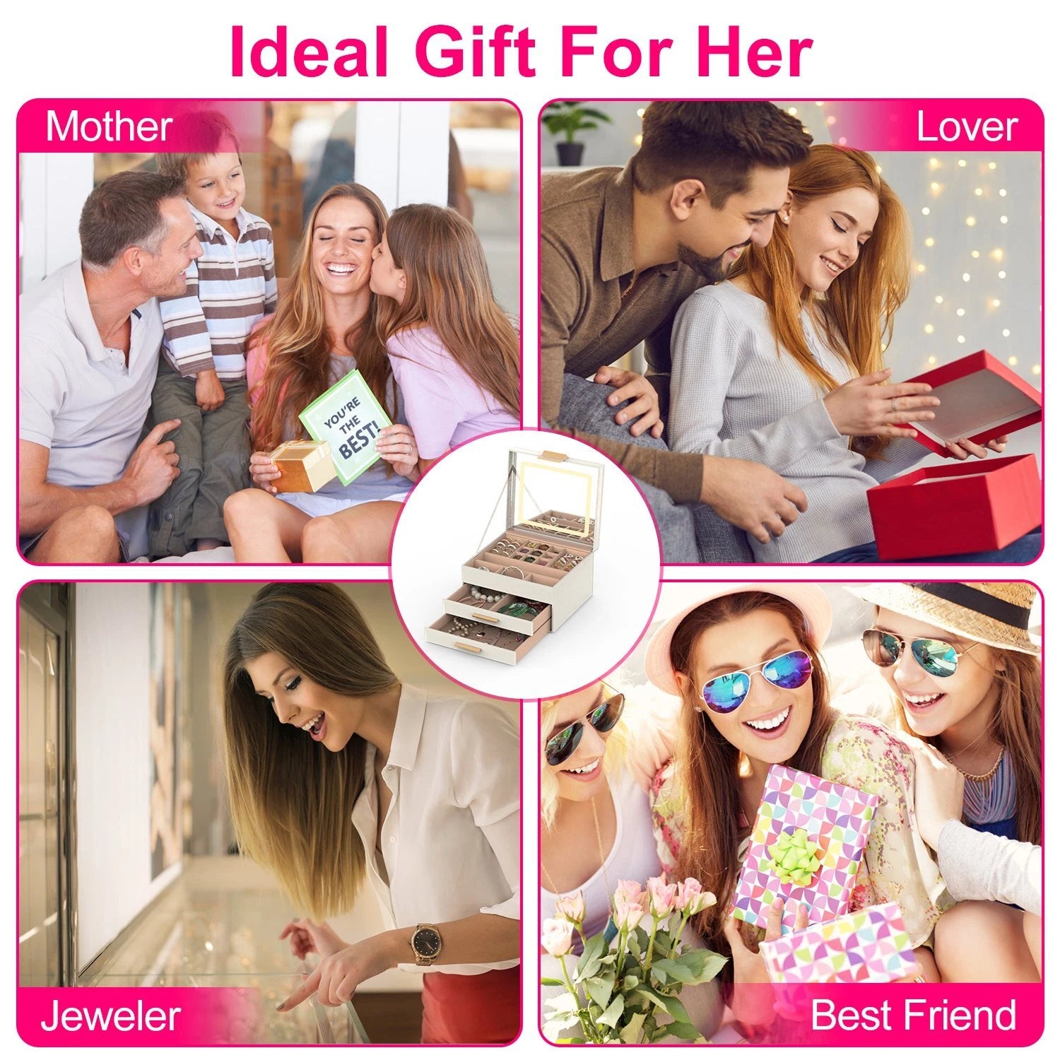 Jewelry Box w/ LED Mirror 3-Layer Jewelry Organizer w/ 2 Drawer Jewelry Holder | eBay