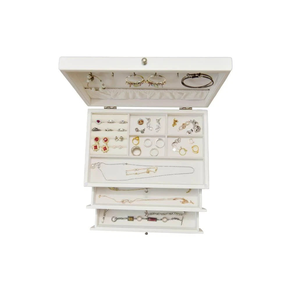 Jewelry Box White Fabric 2-Drawer 5-Section Ring Rolls 6-Hooks Storage Organizer | eBay