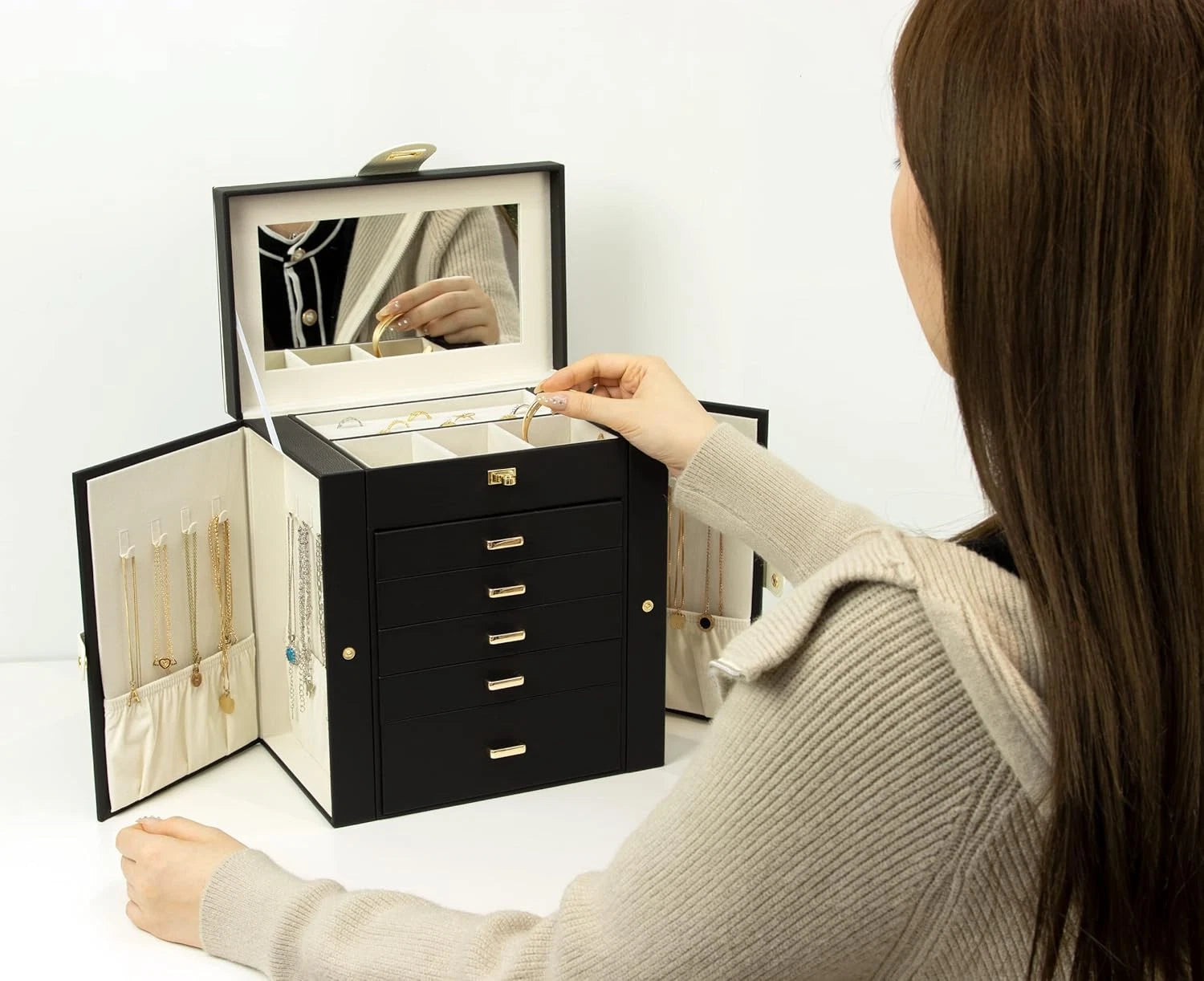 Jewelry Box for Women, 6-Layer Large Jewelry Organizer Box with Mirror & 5 Drawe | eBay