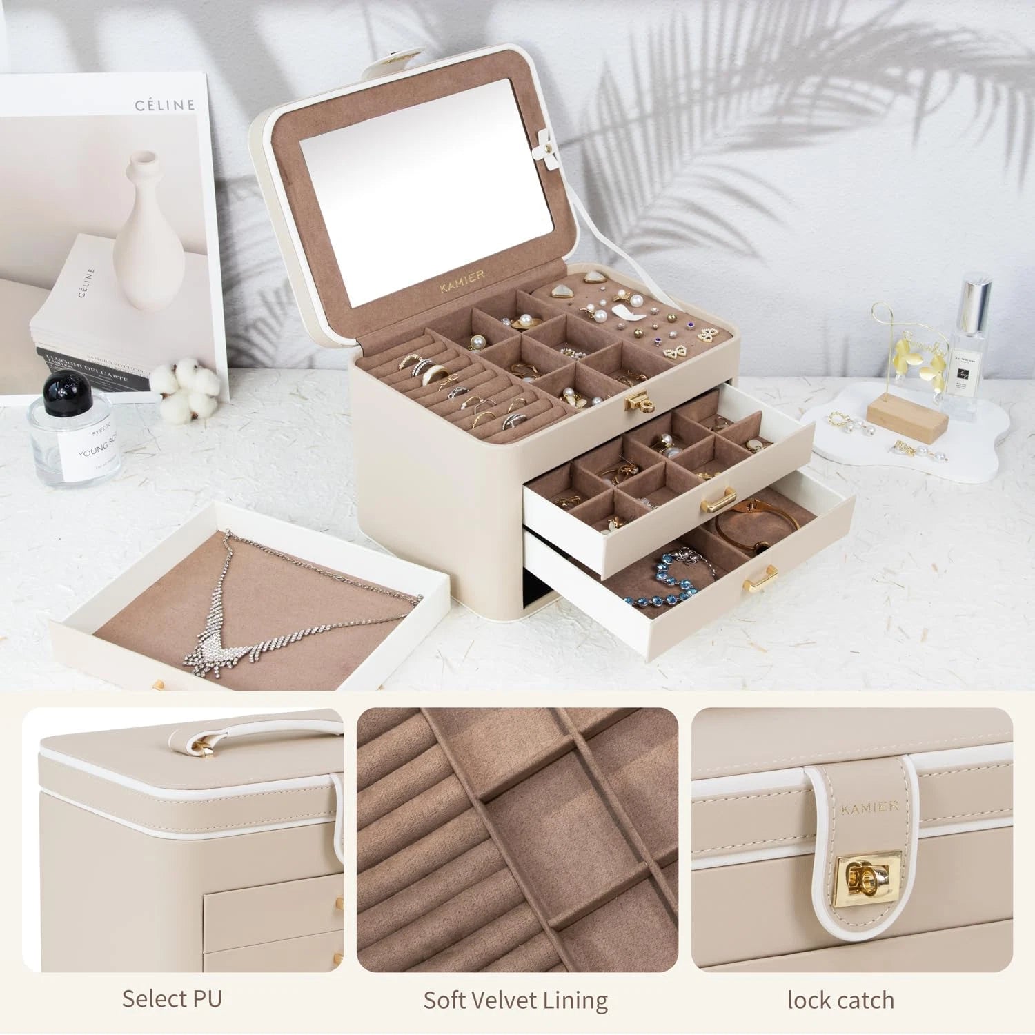 Jewelry Organizer Box, 4 Layer Jewelry Organizer with Mirror, 3 Drawers, Large J | eBay