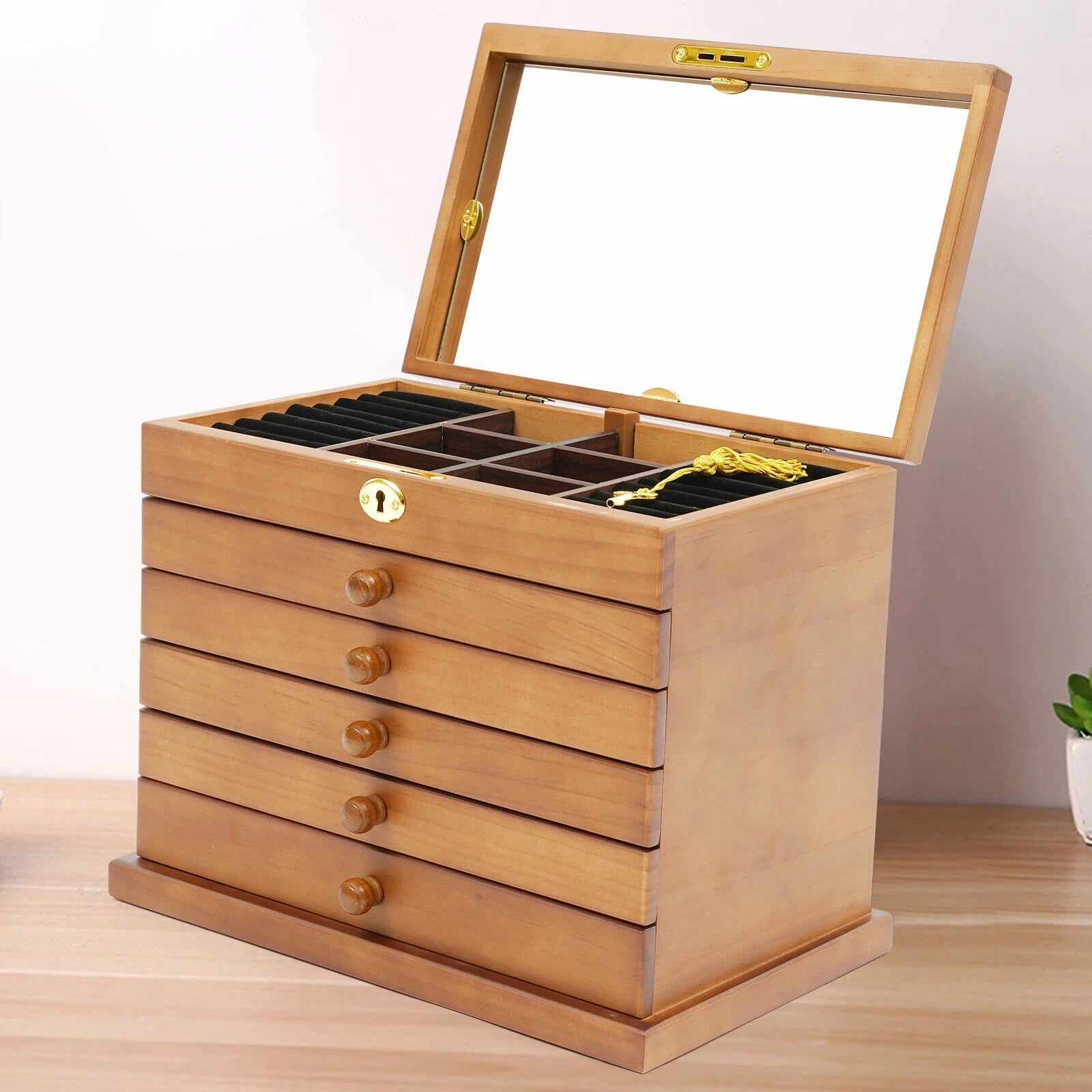 6 Layers Wooden Vintage Jewelry Storage Box Four-leaf Clover Carving Organizer | eBay