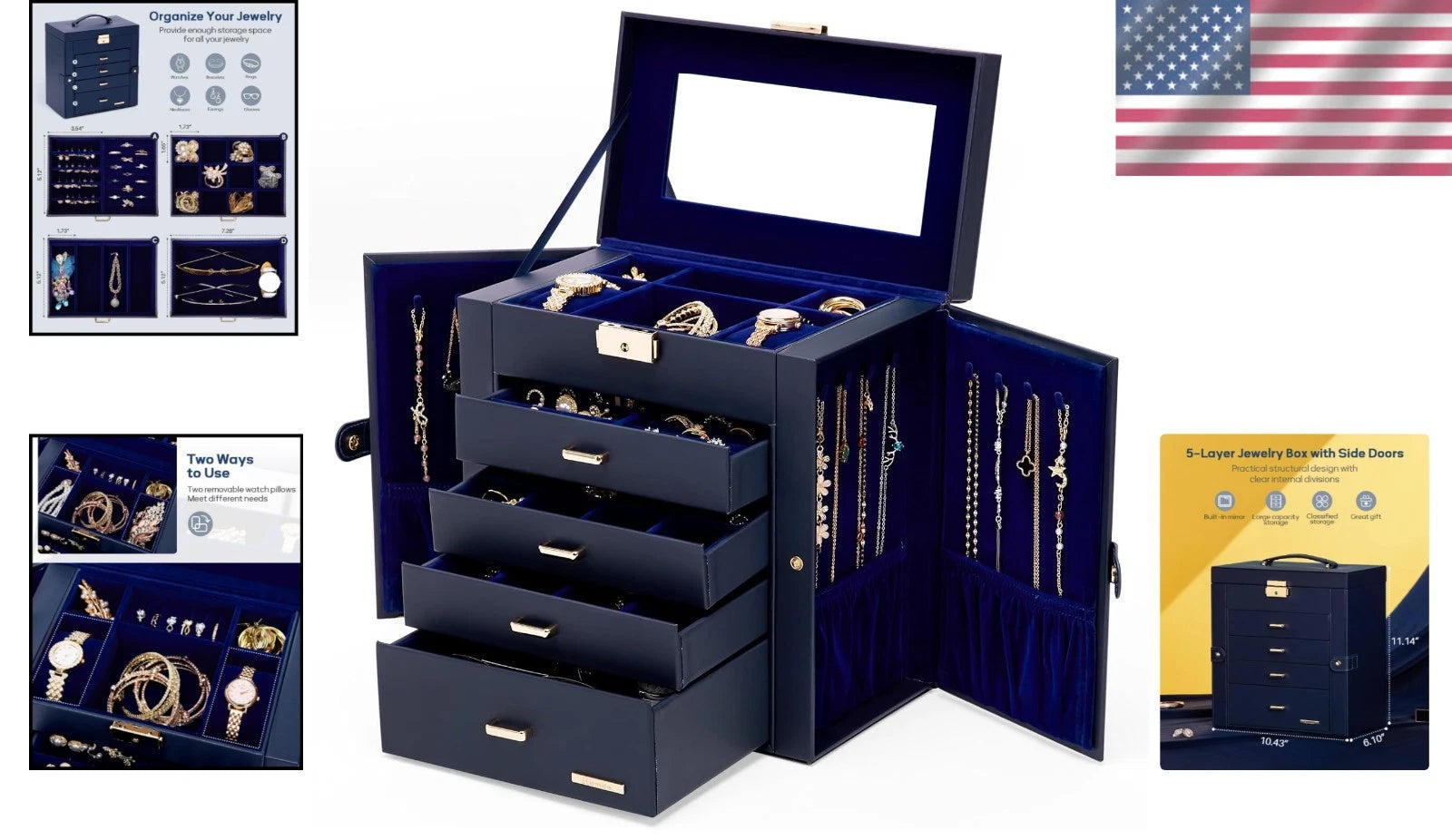 Elegant Lockable Jewelry Box - Large Capacity Organizer with Mirror in Dark Blue | eBay