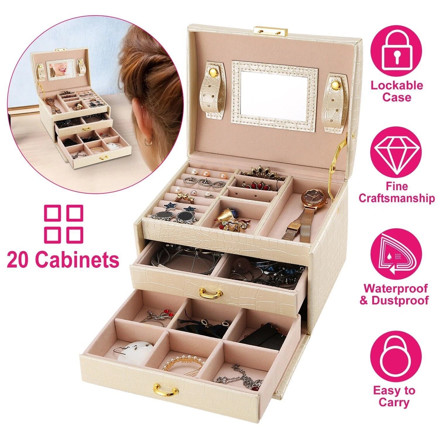 Jewelry Box w/ Mirror Lady Gift Storage Earrings Necklaces Watch Case Organizer | eBay