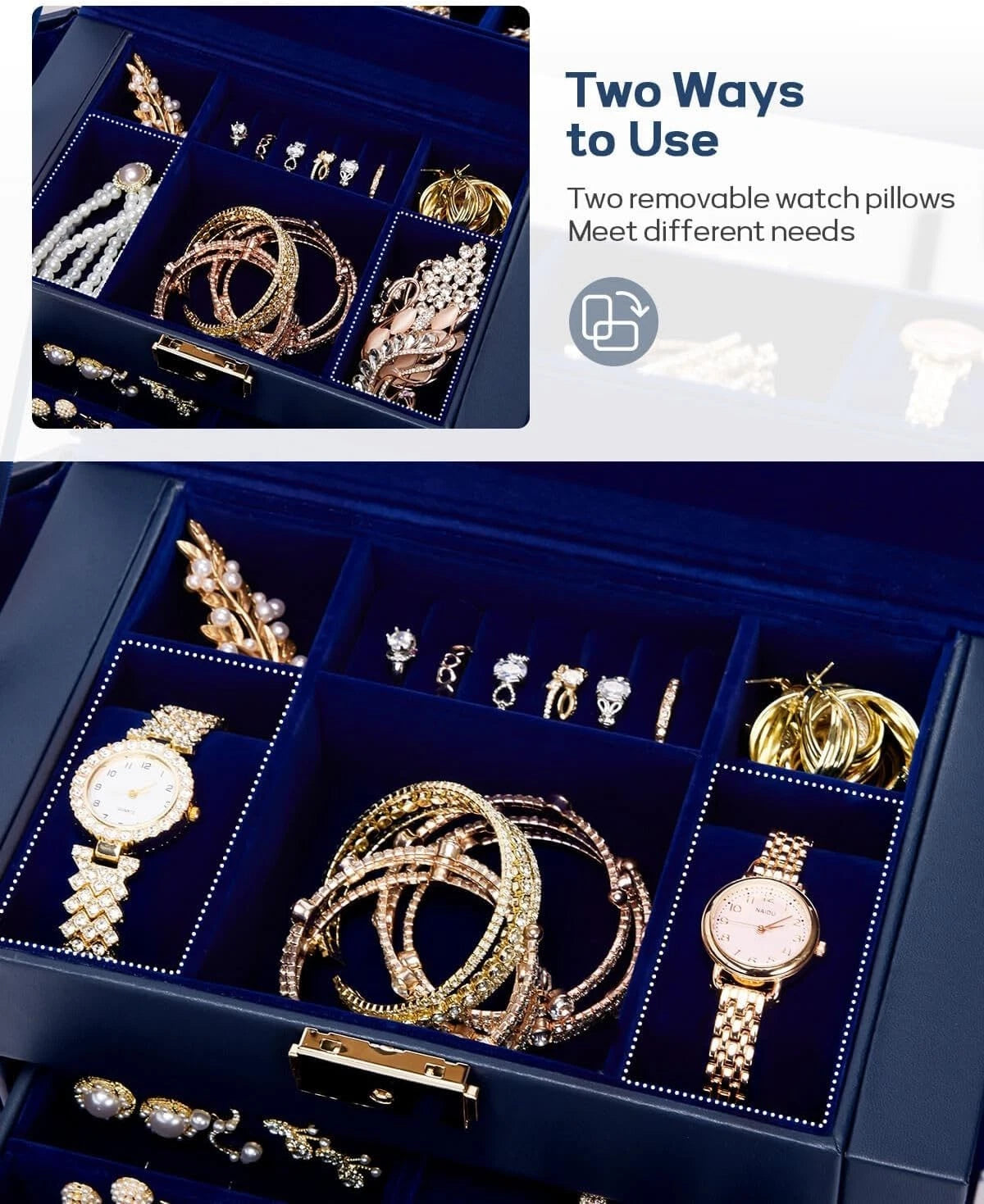 Elegant Lockable Jewelry Box - Large Capacity Organizer with Mirror in Dark Blue | eBay