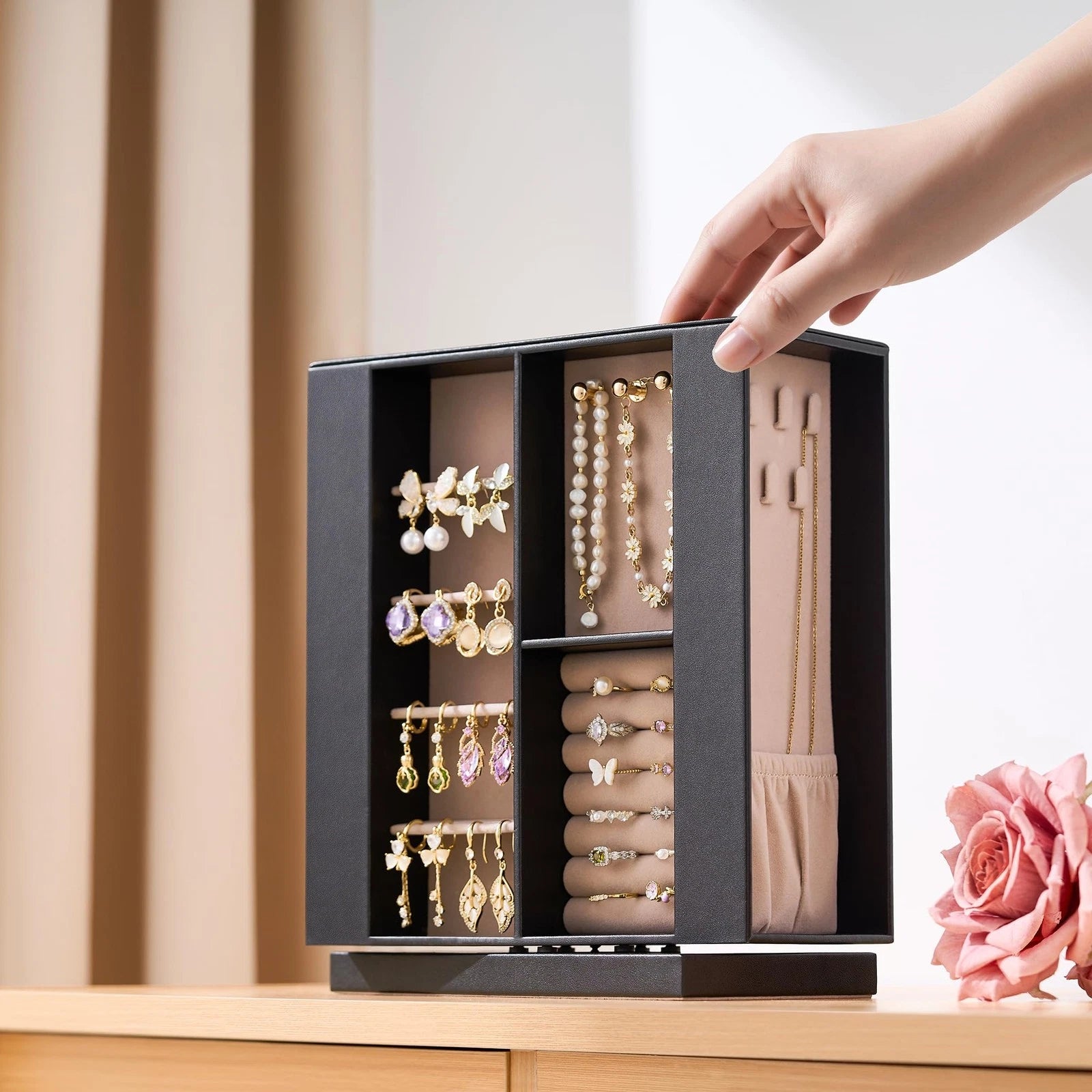 Jewelry Box Organizer for Women: 360 Rotating Vertical Storage Case, Black Le... | eBay