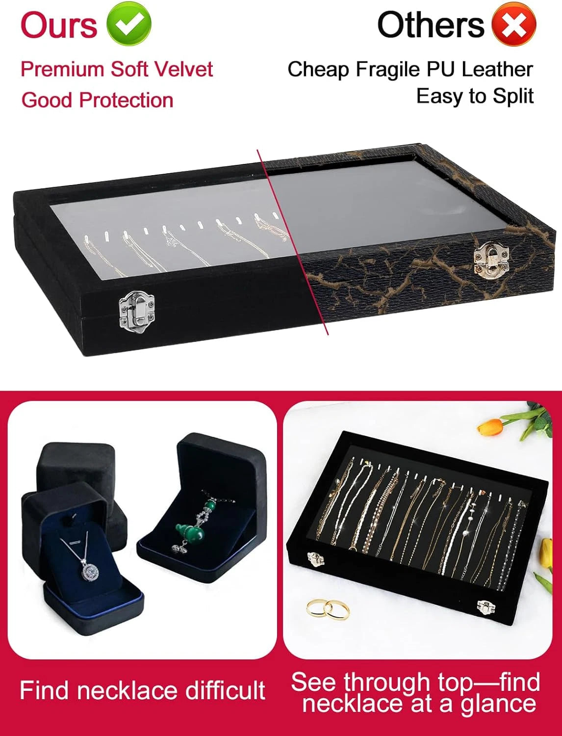 Jenseits Necklace Organizer Box, Tray with Clear Lid, Velvet Dustproof Necklaces | eBay