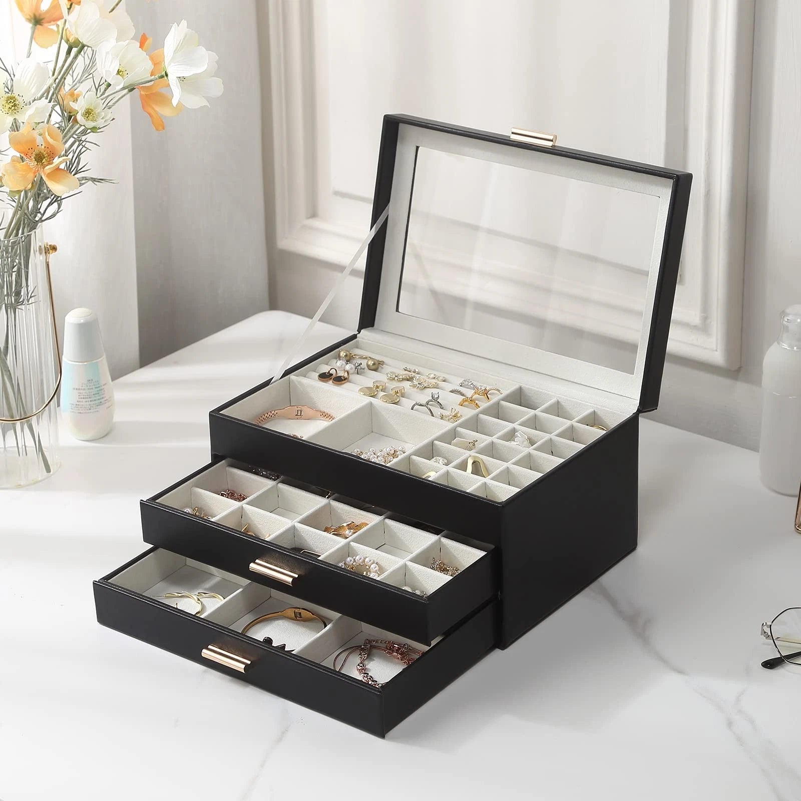 Jewelry Box for Women, 3 Layer Double Drawer Jewelry Organizer Glass Lid, Lar... | eBay