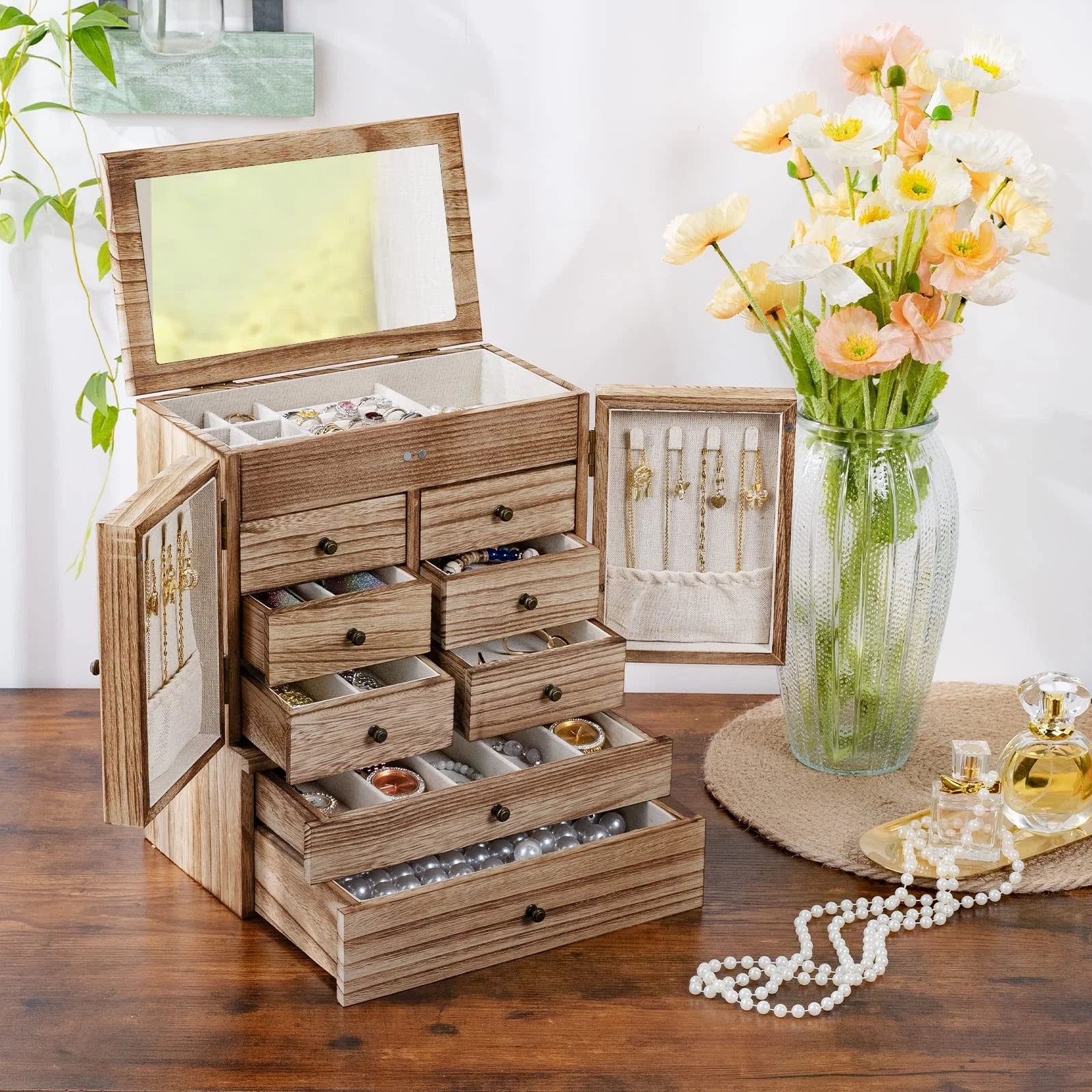 Emfogo Jewelry Box for Women Wooden Jewelry Boxes & Organizers 5-Layer Rustic... | eBay