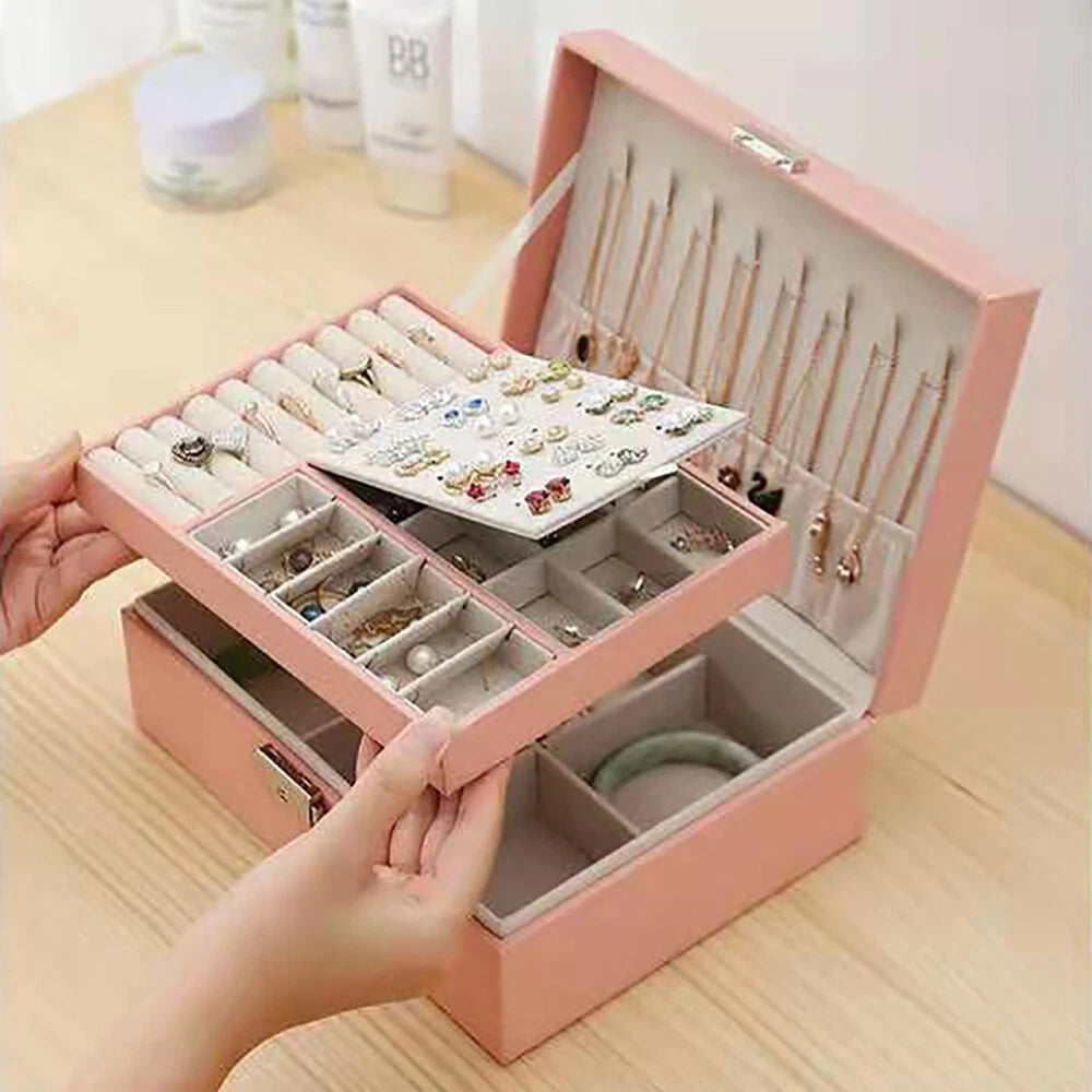 2-layer Storage Box Pink pu Leather Exquisite Jewelry Box For Necklaces Rings US | eBay