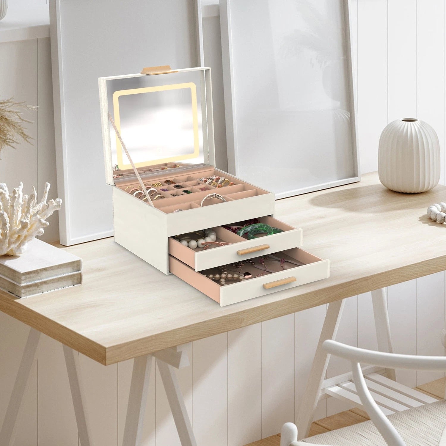 3-Layer Jewelry Box w/ LED Mirror - Leather Storage Case 3 Color Dimmable Lights | eBay