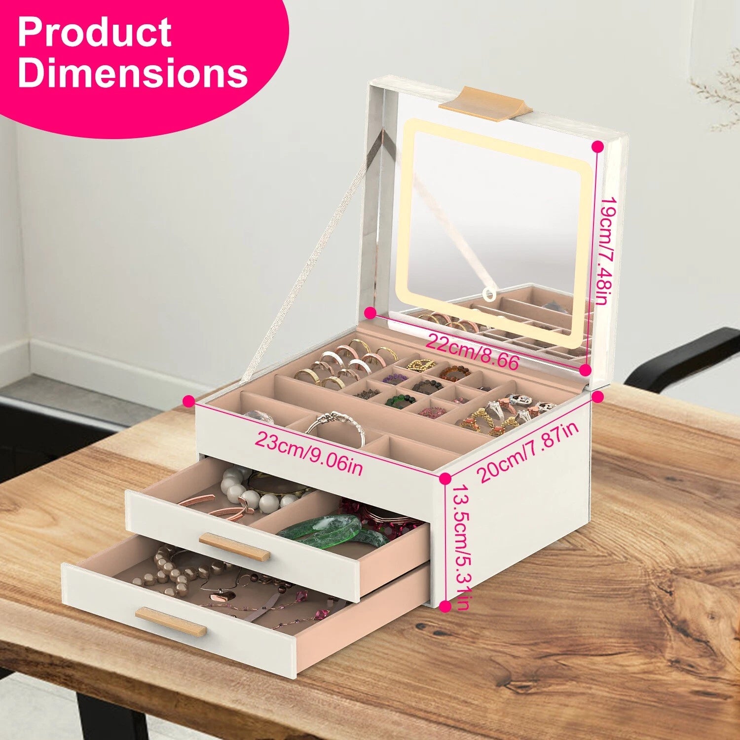 Jewelry Box w/ LED Mirror 3-Layer Jewelry Organizer 2 Drawers PU Jewelry Holder | eBay
