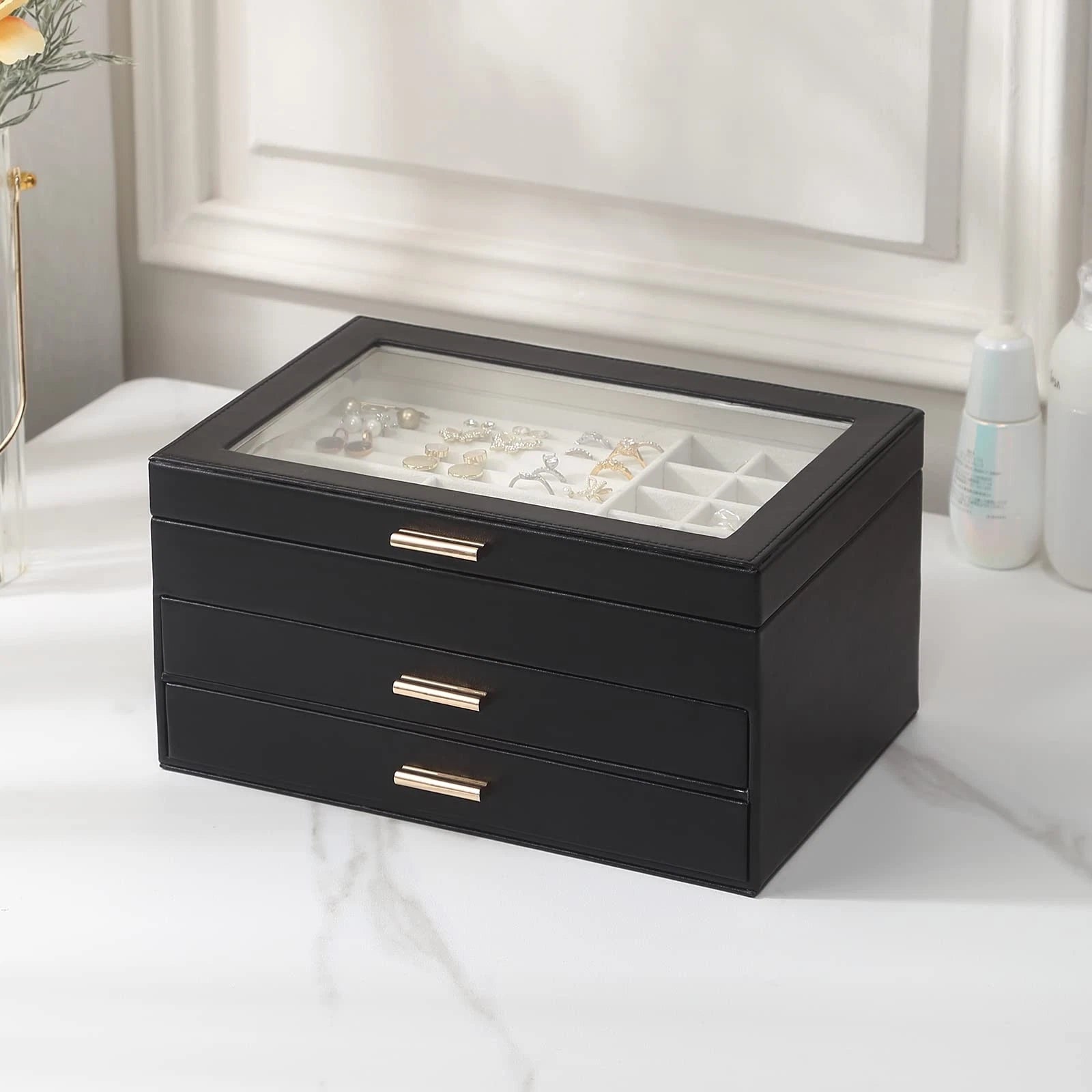 Jewelry Box for Women, 3 Layer Double Drawer Jewelry Organizer Glass Lid, Lar... | eBay