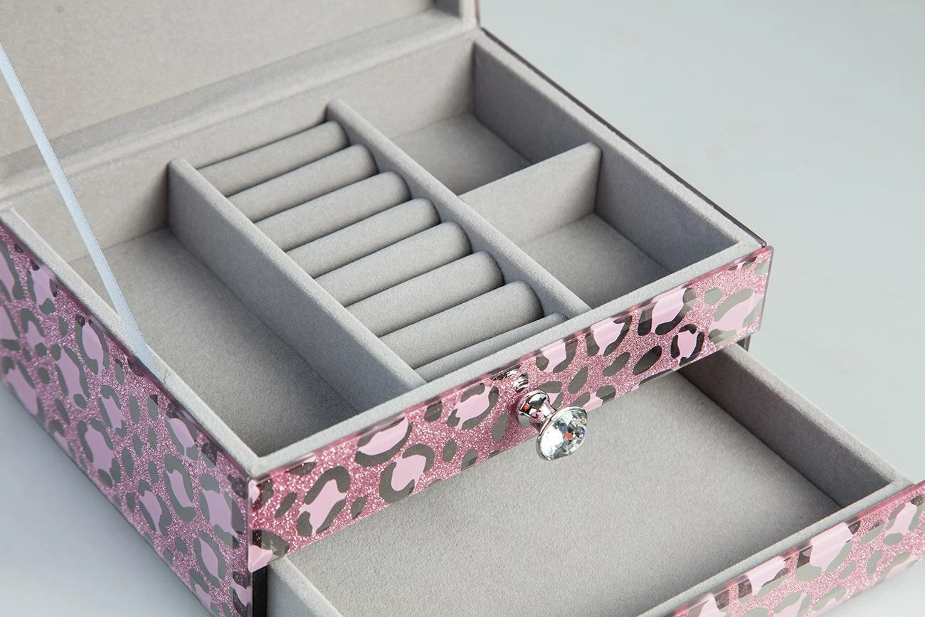 Jewelry Box Organizer Glass Storage Case for Women/Men Pink Leopard 2 Layers | eBay