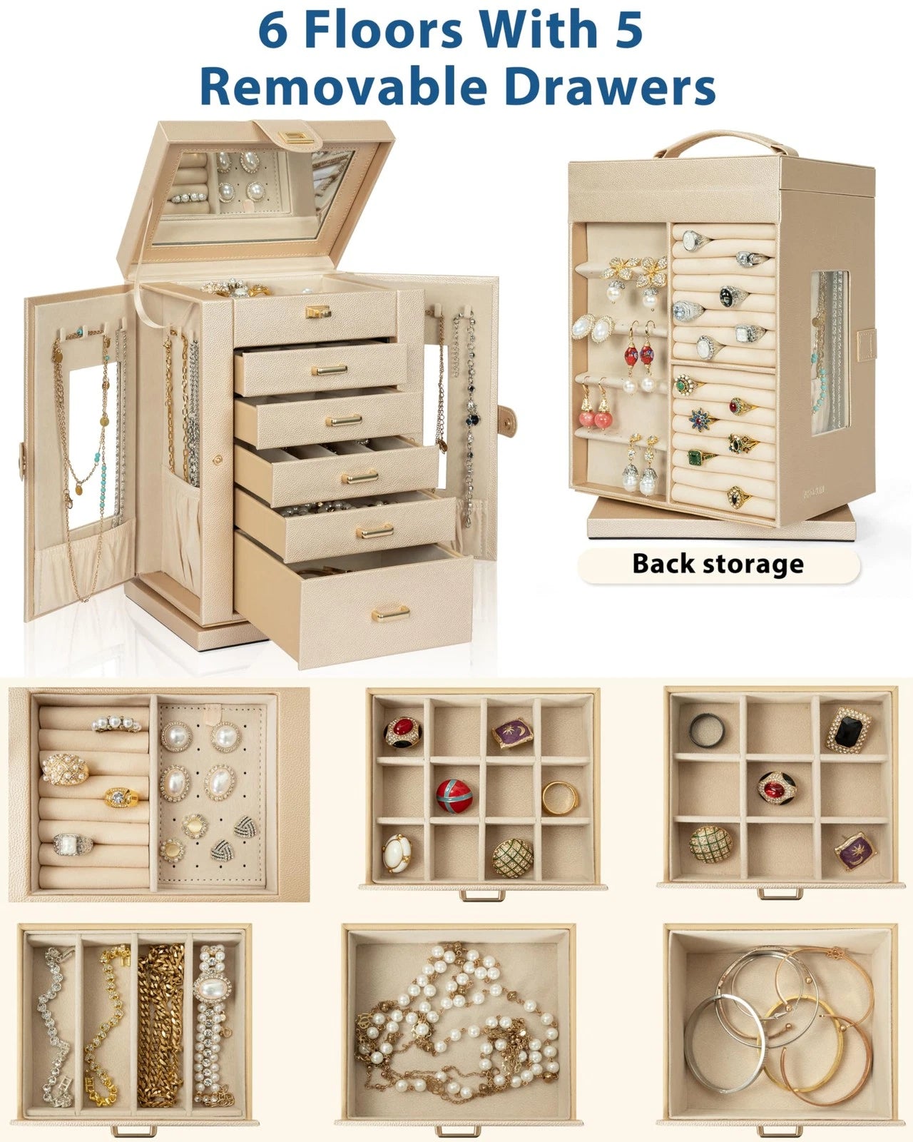 Jewelry Box 6-Tier Organizer Functional 360 Rotating Jewelry Storage Case for Wo | eBay