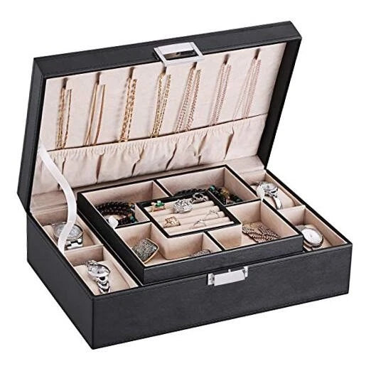 Jewelry Box Organizer with 4 Watch Case Removable Tray Jewelry Display Black | eBay