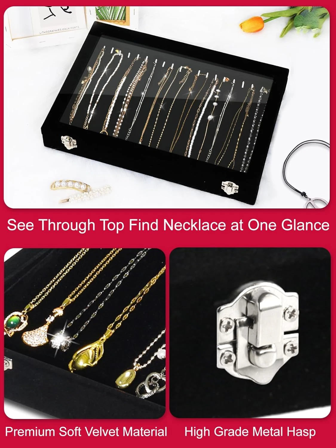 Jenseits Necklace Organizer Box, Tray with Clear Lid, Velvet Dustproof Necklaces | eBay