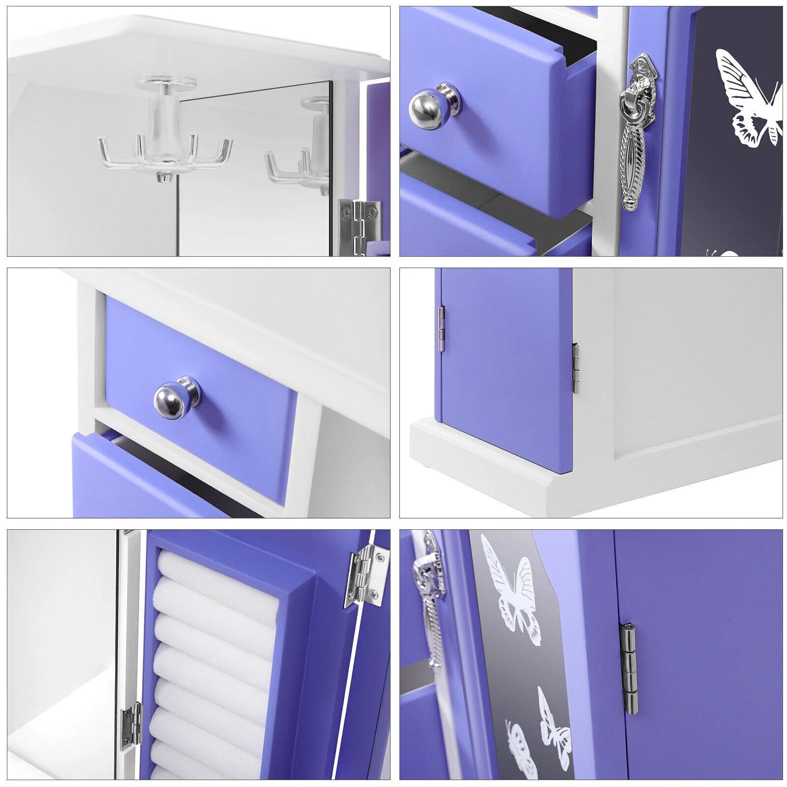 Double Door Built-in Mirror Purple Butterfly Jewelry Box with 4Drawers Organizer | eBay