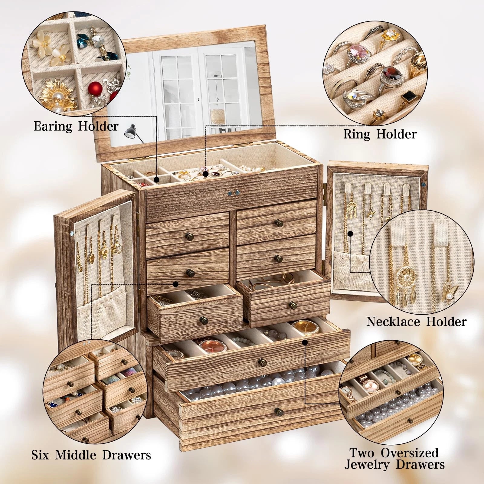 Emfogo Jewelry Box for Women Wooden Jewelry Boxes & Organizers 5-Layer Rustic... | eBay