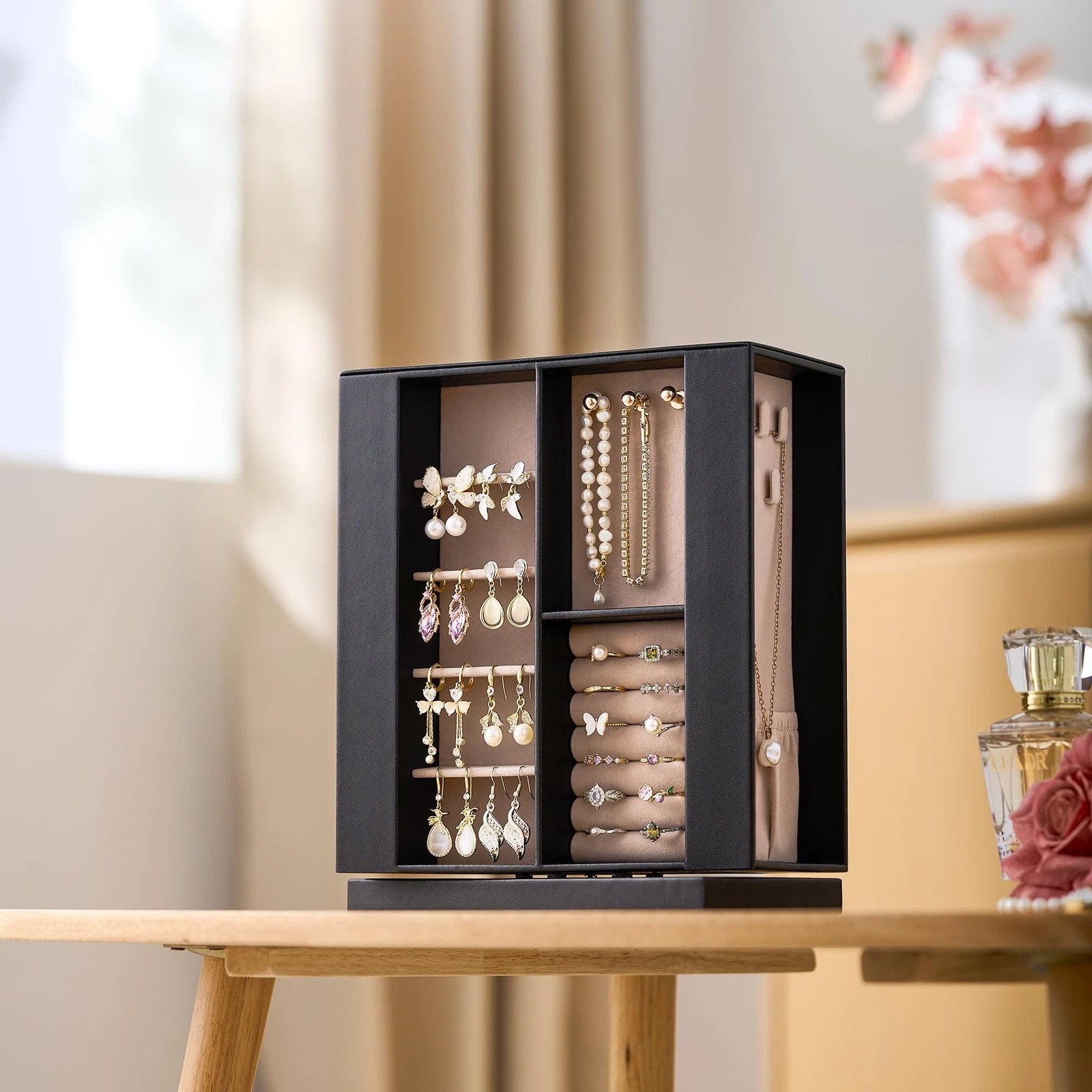 Jewelry Box Organizer for Women: 360 Rotating Vertical Storage Case, Black Le... | eBay