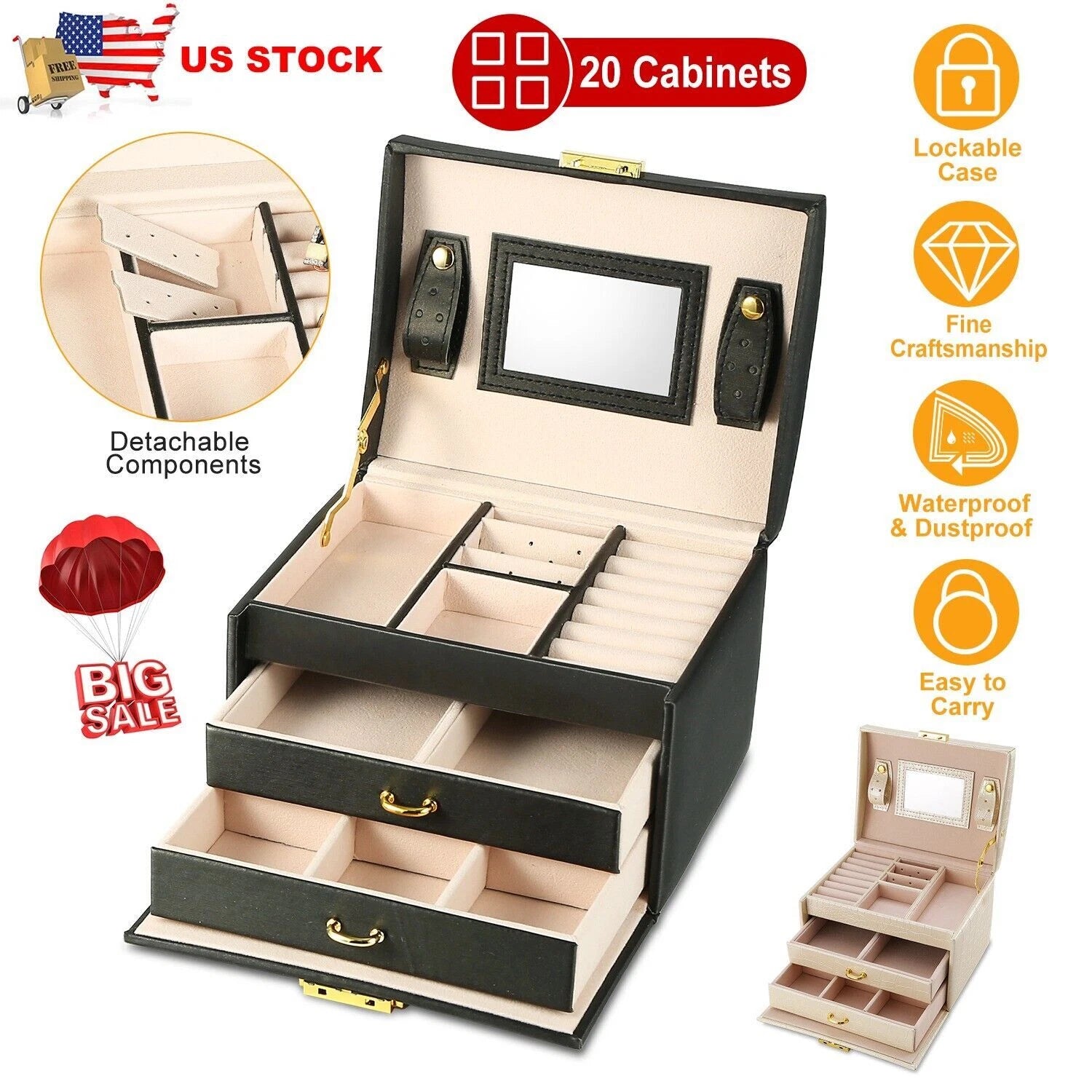 Jewelry Box w/ Mirror Lady Gift Storage Earrings Necklaces Watch Case Organizer | eBay