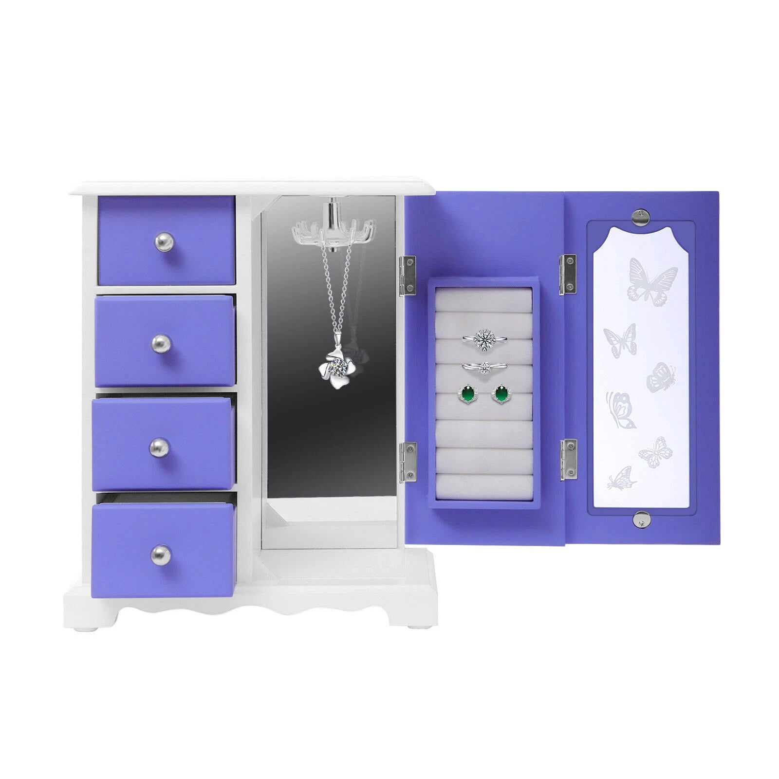 Double Door Built-in Mirror Purple Butterfly Jewelry Box with 4Drawers Organizer | eBay