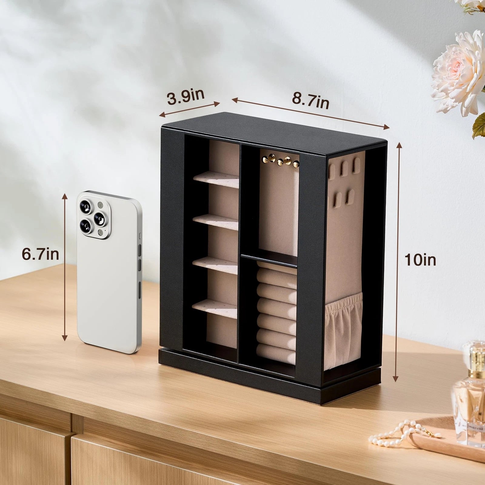 Jewelry Box Organizer for Women: 360 Rotating Vertical Storage Case, Black Le... | eBay