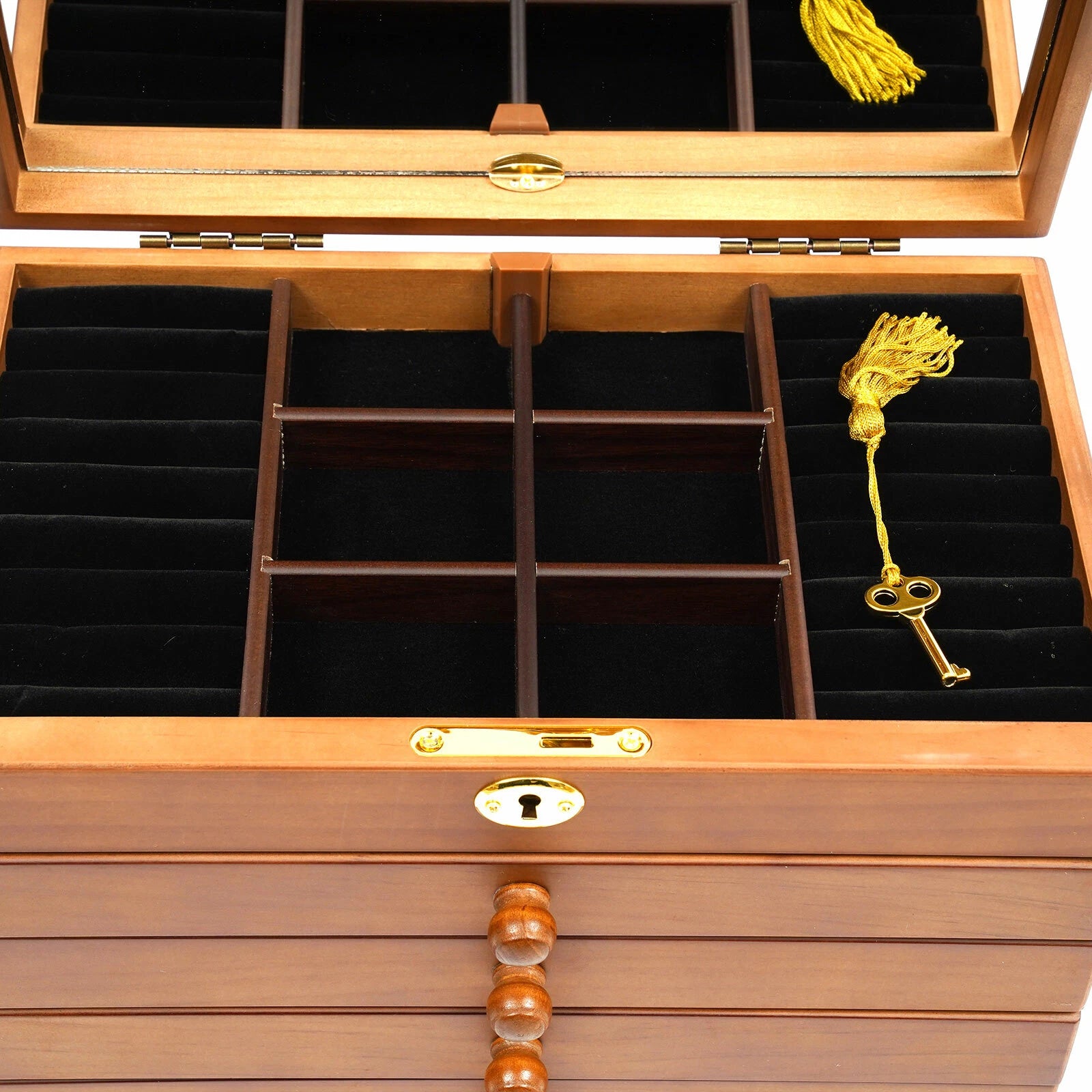 6 Layers Jewelry Box w/ Lock + Mirror Four-Leaf Carved Top Velvet Cabinet Case | eBay