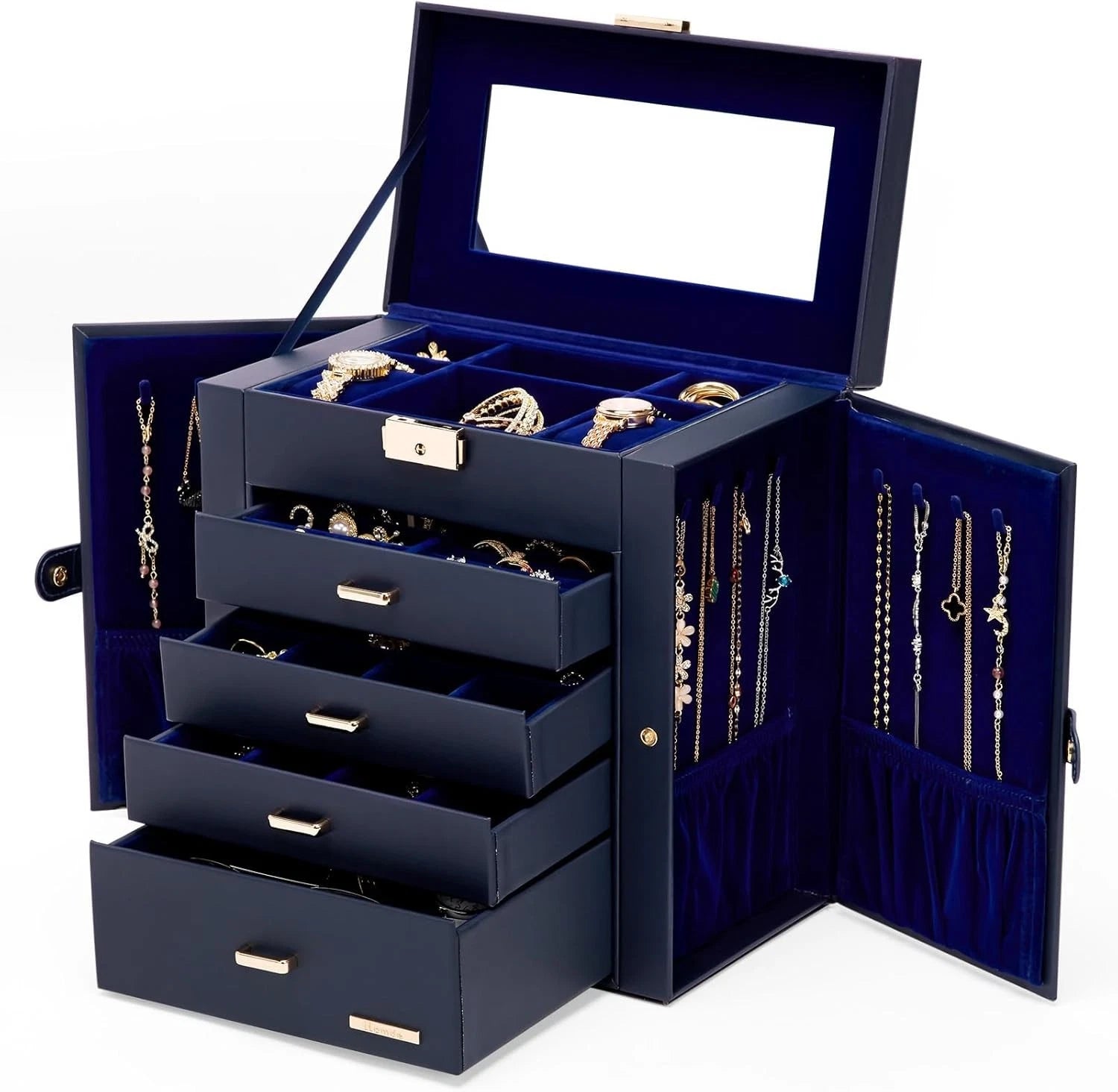 Elegant Lockable Jewelry Box - Large Capacity Organizer with Mirror in Dark Blue | eBay
