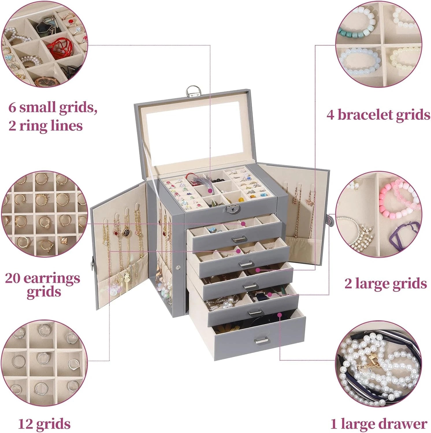 Jewelry Box for Women, 6 Layer Large Jewelry Organizer with Mirror, Multi-Functi | eBay
