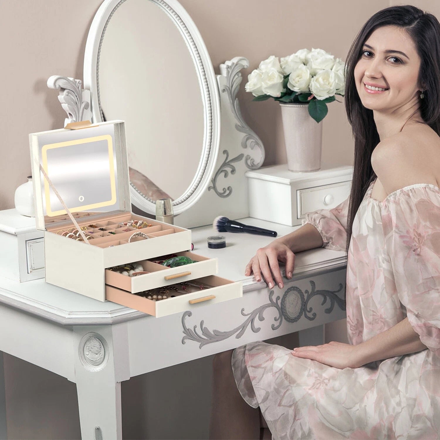 Jewelry Box w/ LED Mirror 3-Layer Jewelry Organizer 2 Drawers PU Jewelry Holder | eBay