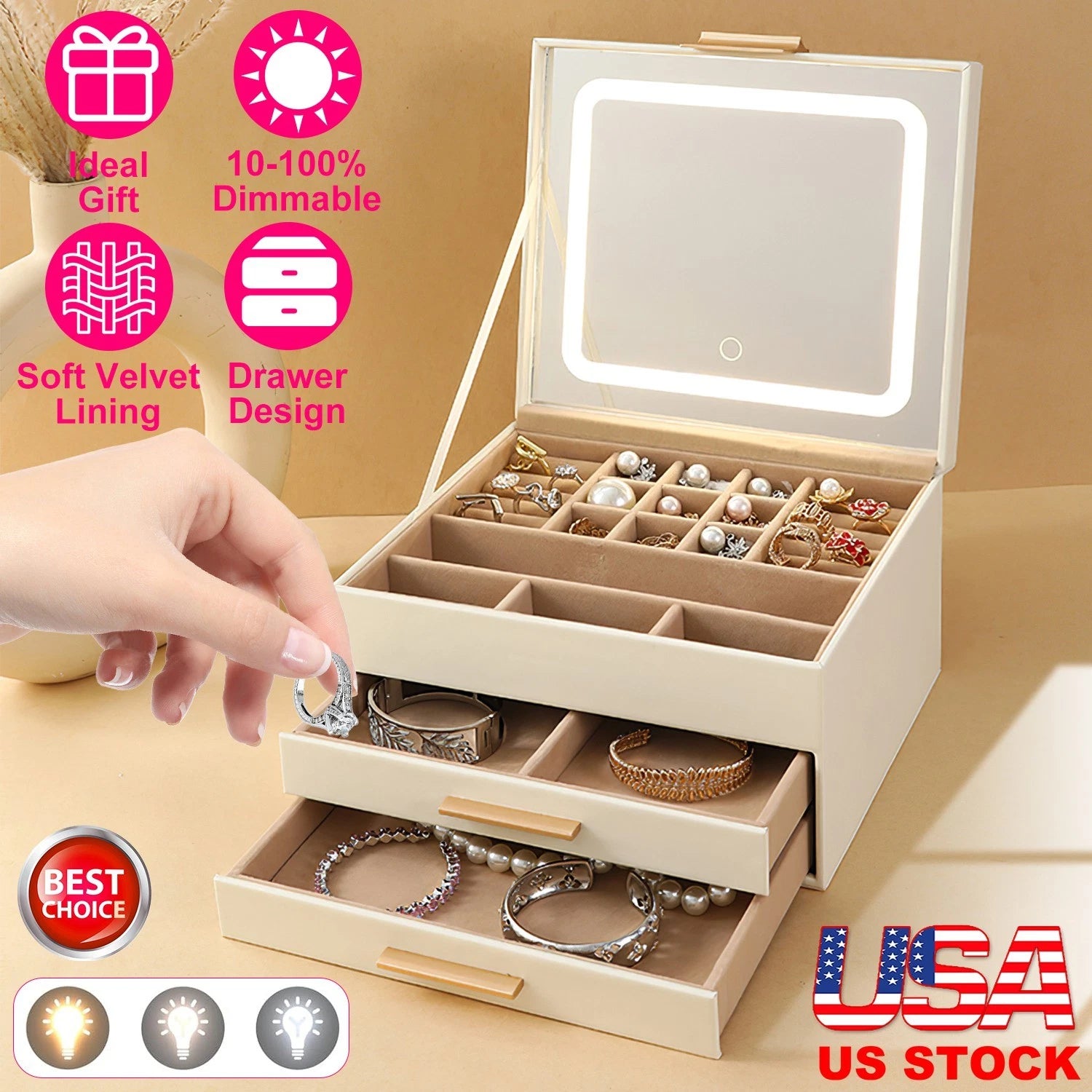 3-Layer Jewelry Box w/ LED Mirror - Leather Storage Case 3 Color Dimmable Lights | eBay